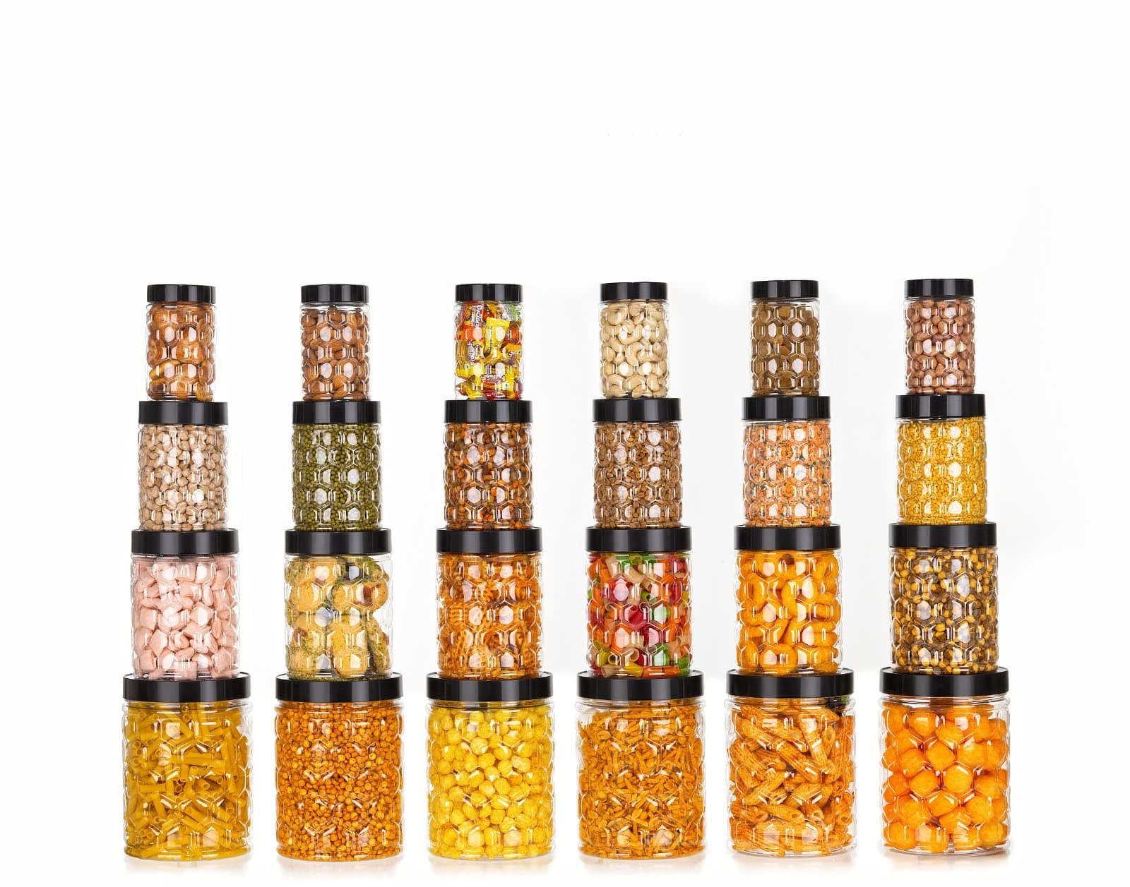 Tosaa Plastic Pet Storage Jar and Container Set of 24 (120ml, 350ml, 650ml, 1.20L) - Black, Air Tight, Kitchen Organizer, BPA Free, Stackable