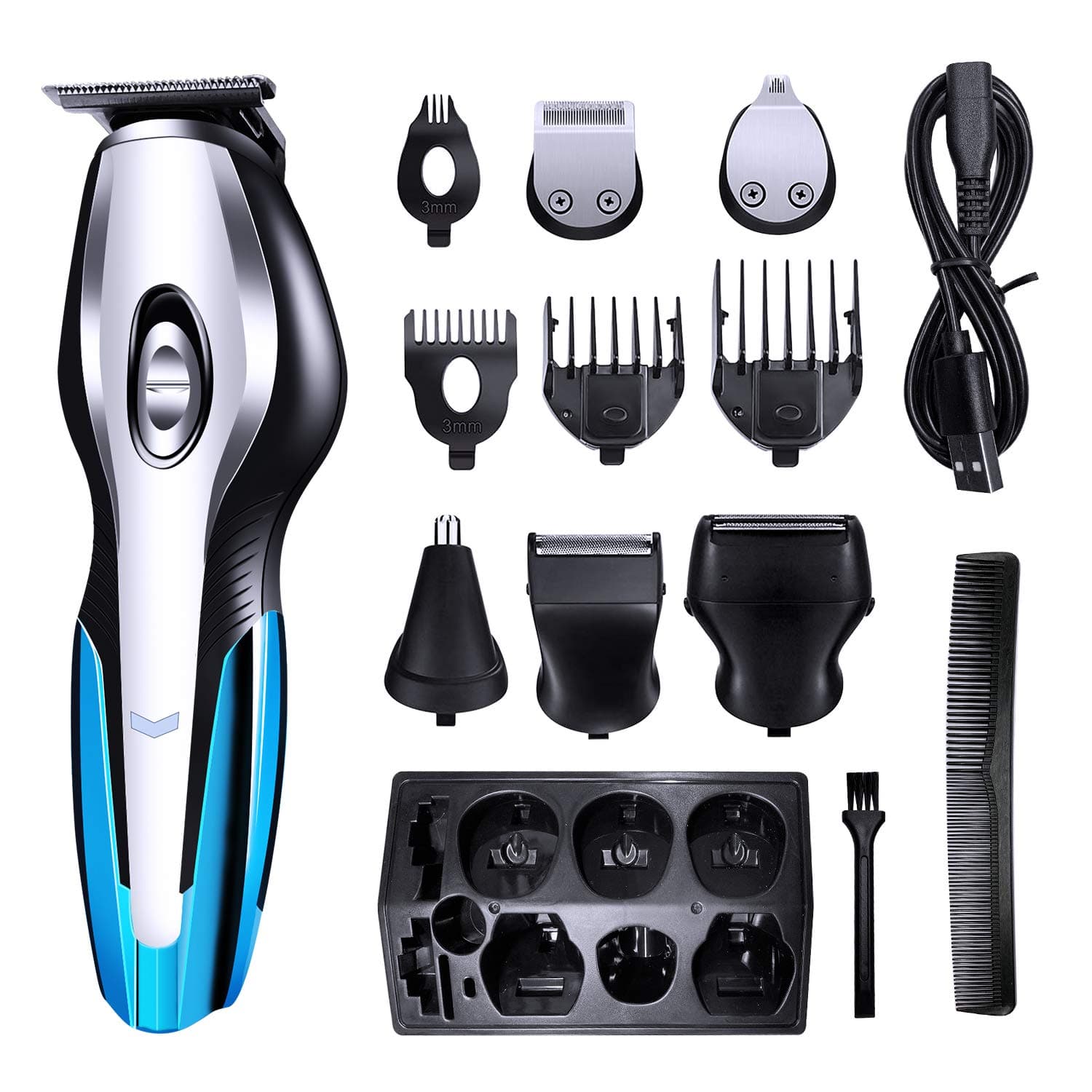 Action 11 in 1 Hair Clipper for Men, Beard Trimer Multi Grooming Kit for Beard and Hair with 4 Guide Combs & Nose Trimmer Attachment, Rechargeable & Rinseable