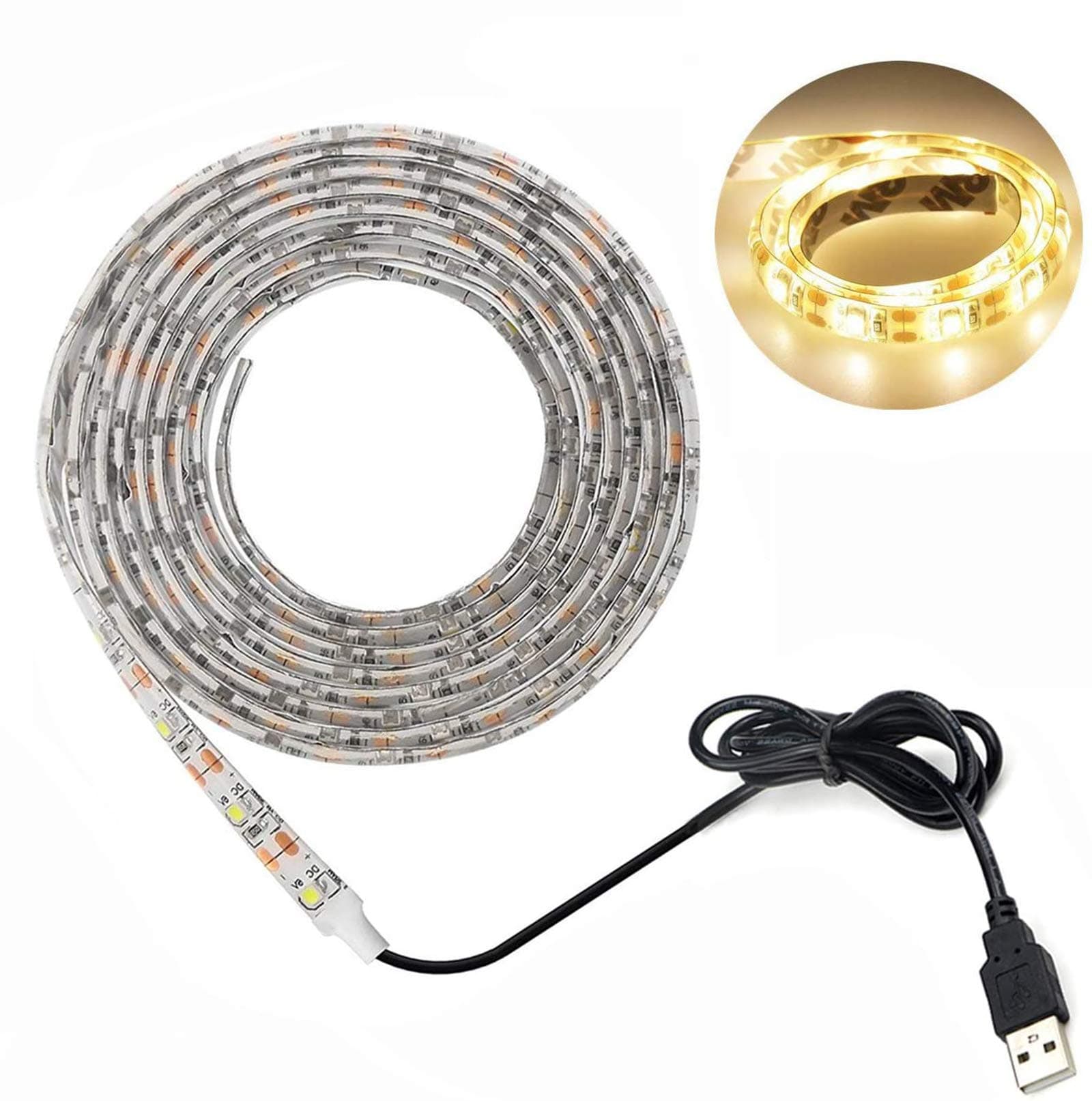 USB Power Led Strip Lights,Waterproof Warm White 16.4ft 60leds/3.28ft SMD 3528 5V Desktop PC Screen Backlight,TV Backlight,Ribbon Light,Rope Lighting,Kitchen Led Lighting Decor Tape LED Strip Lamp