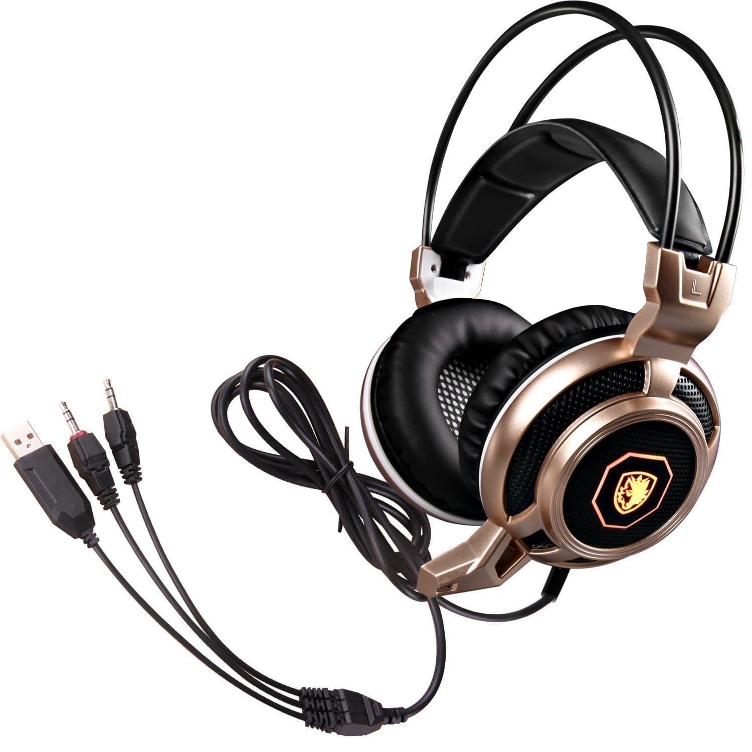Sades Arcmage Gold Gaming Headset 3.5mm Jack Stereo LED Lighting Noise Cancelling Over-Ear Headphones with Microphone for PC Computer