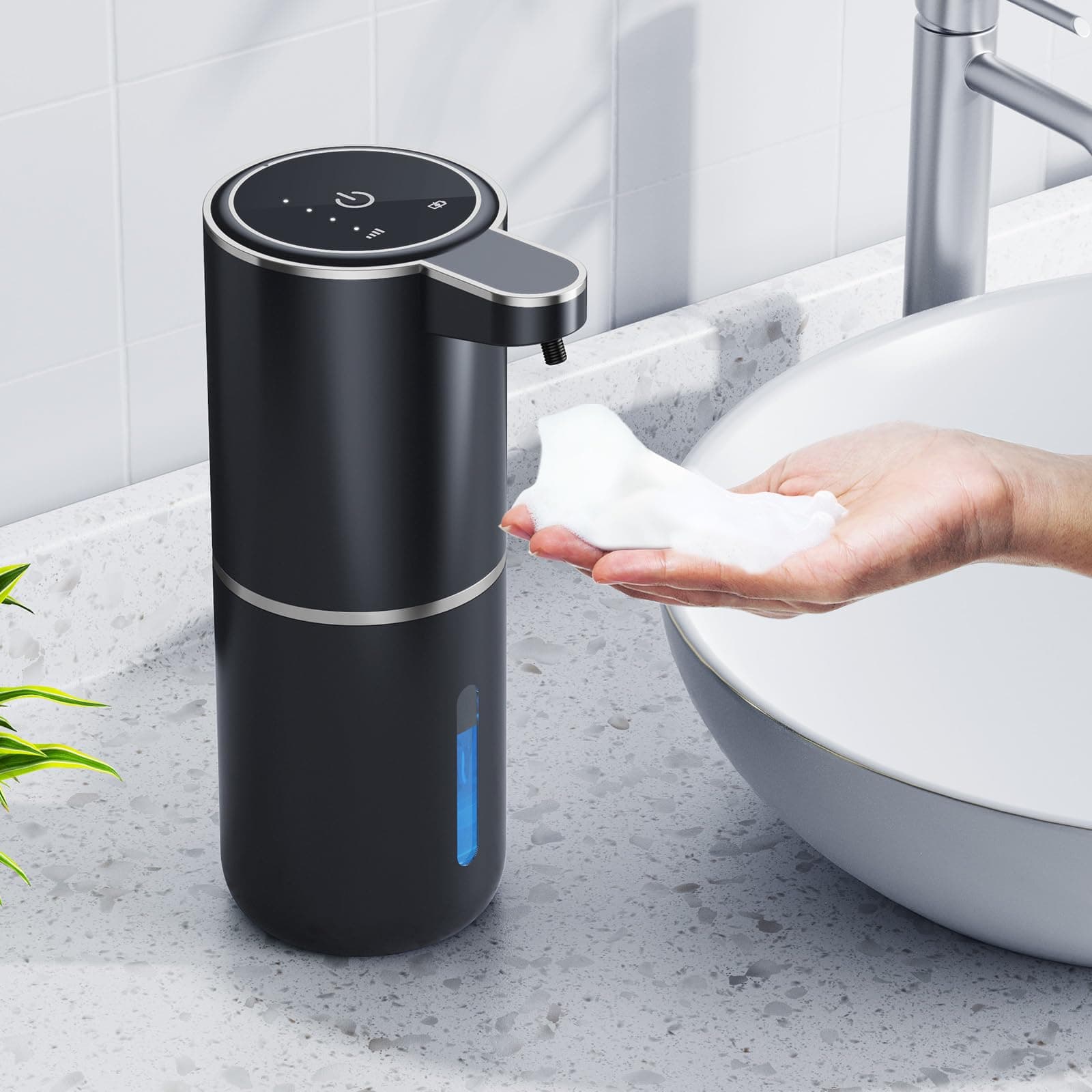 Amyzavls Automatic Soap Dispenser, 380 ml, Wall Mounting, Non-Contact Electric Soap Dispenser with Sensor, USB Rechargeable Foam Soap Dispenser for Bathroom, Kitchen, Office, Black