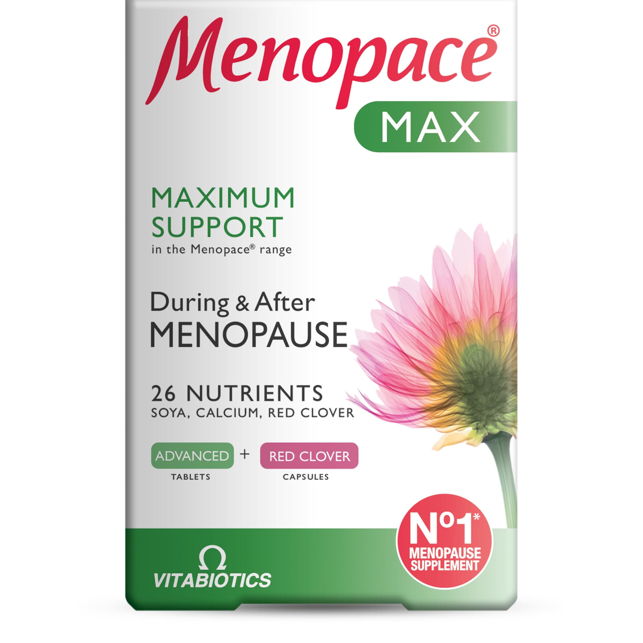 Max - Menopause & Perimenopause Maximum Support with Calcium, SOYA Isoflavones & Red Clover - UK's No.1 Menopause Supplement Brand
