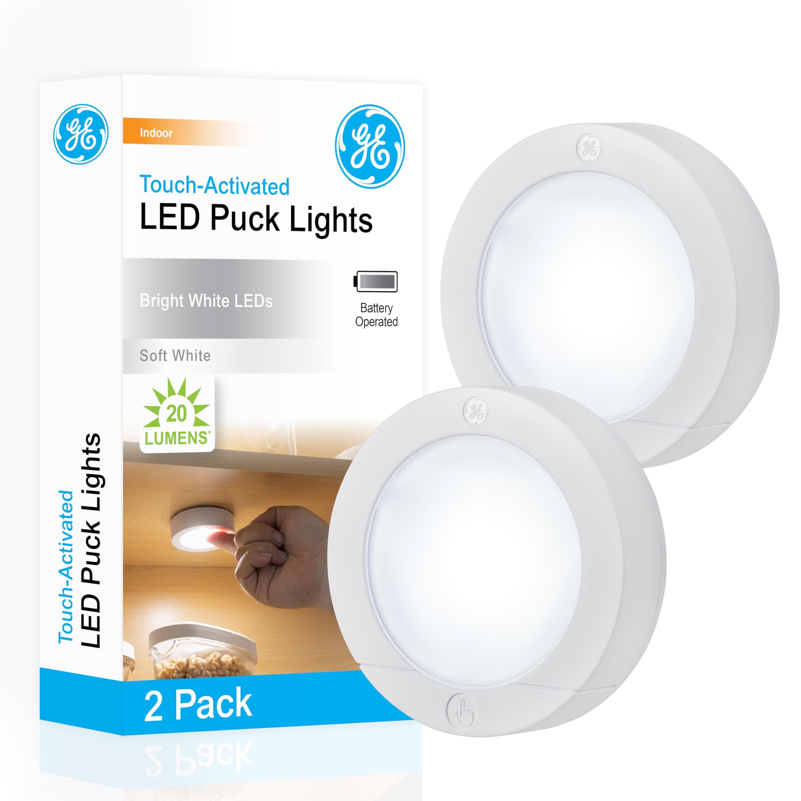 GE Wireless LED Puck Lights, 2 Pack, Battery Operated, 20 Lumens, Touch Light, Tap Light, Stick on Lights, Under Cabinet Lighting, Ideal for Kitchen Cabinets, Closets, Garage and More, 25434,White