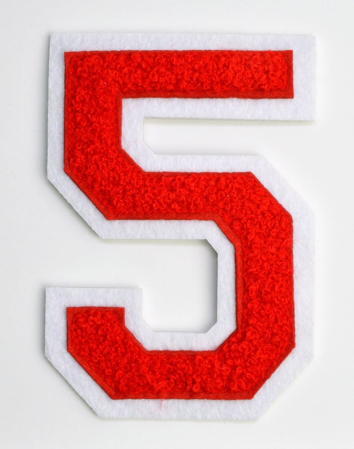 Varsity Number Patches - Red Embroidered Chenille Letterman Patch - 4 1/2 inch Iron-On Numbers (Red, Number 5 Patch)
