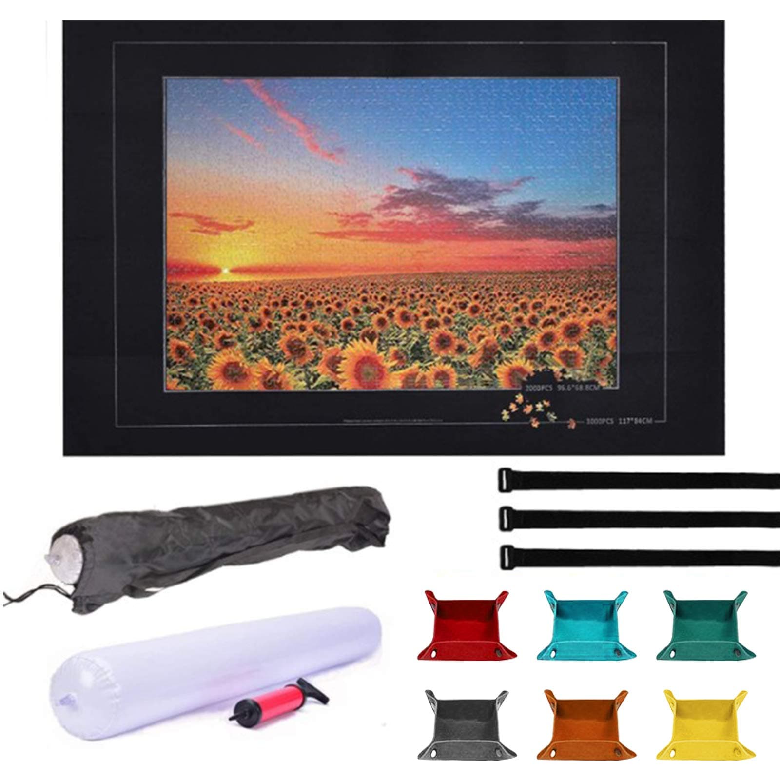 55" X 39" Jigsaw Puzzles Roll Up Mat Felt Mat Jigroll Up to 3000 Pieces with 6PCS Puzzle Felt Tray Elastic Fasteners Inflatable Tube Hand Pump Drawstring Storage Bag