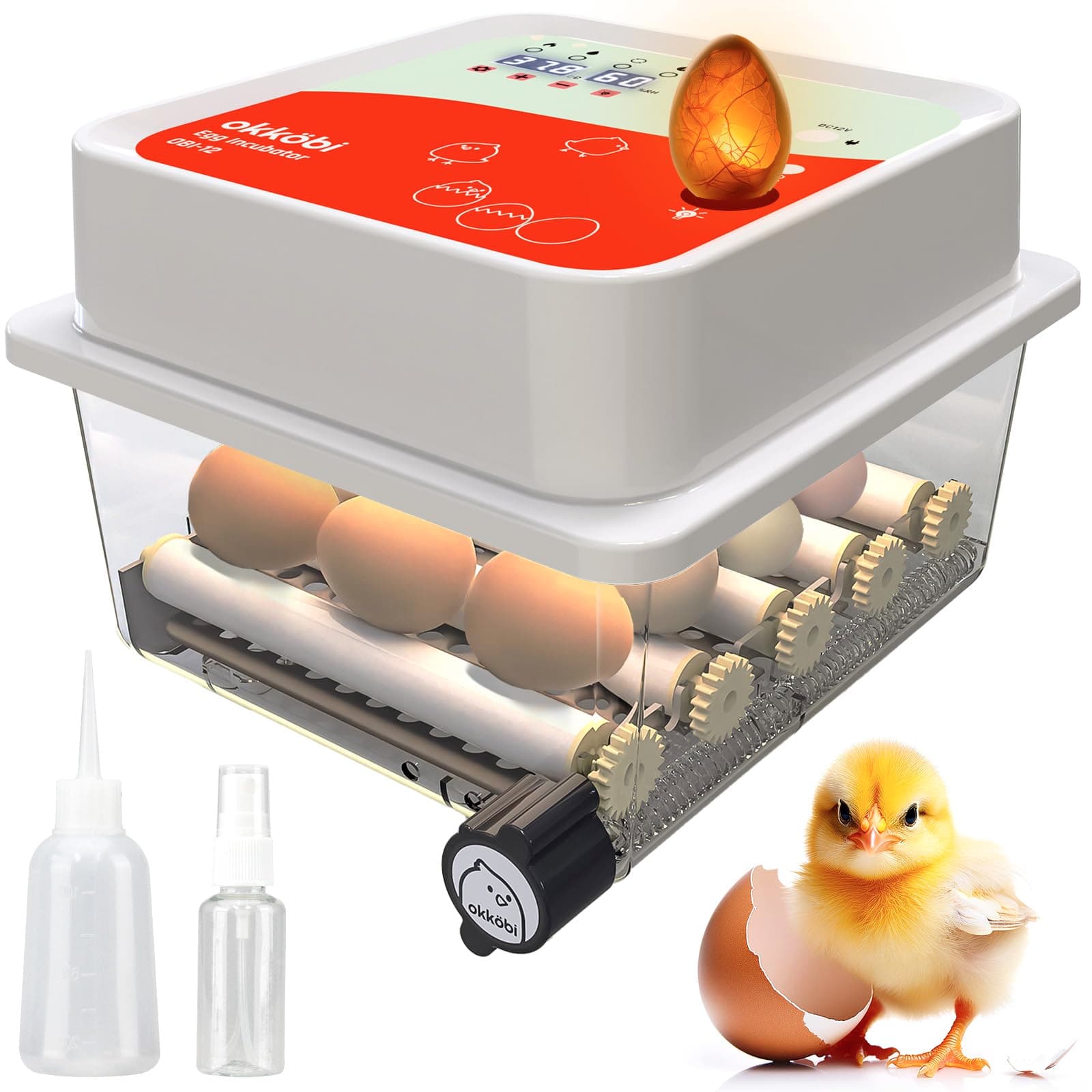 Incubators for Hatching – 12 Eggs – Ideal for All Ages – Incubator with Automatic Turning and Humidity Control – Integrated Egg Candler – Okkobi OBI-12