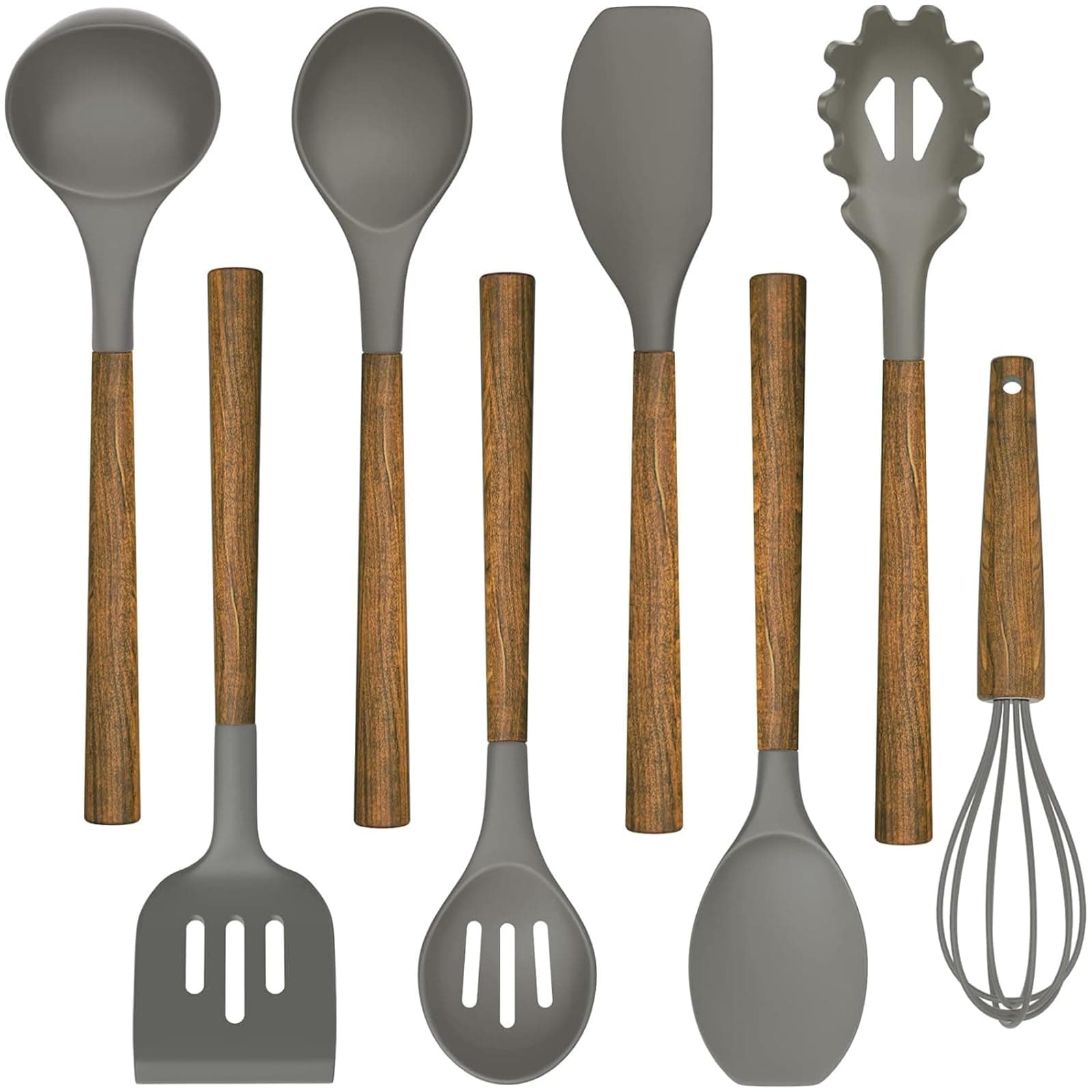Silicone Cooking Utensil Set, 8-Piece Kitchen Utensils Set with Natural Acacia Wooden Handles,Food-Grade-Silicone Kitchen Gadgets and Spatula Set for Nonstick Cookware - Grey
