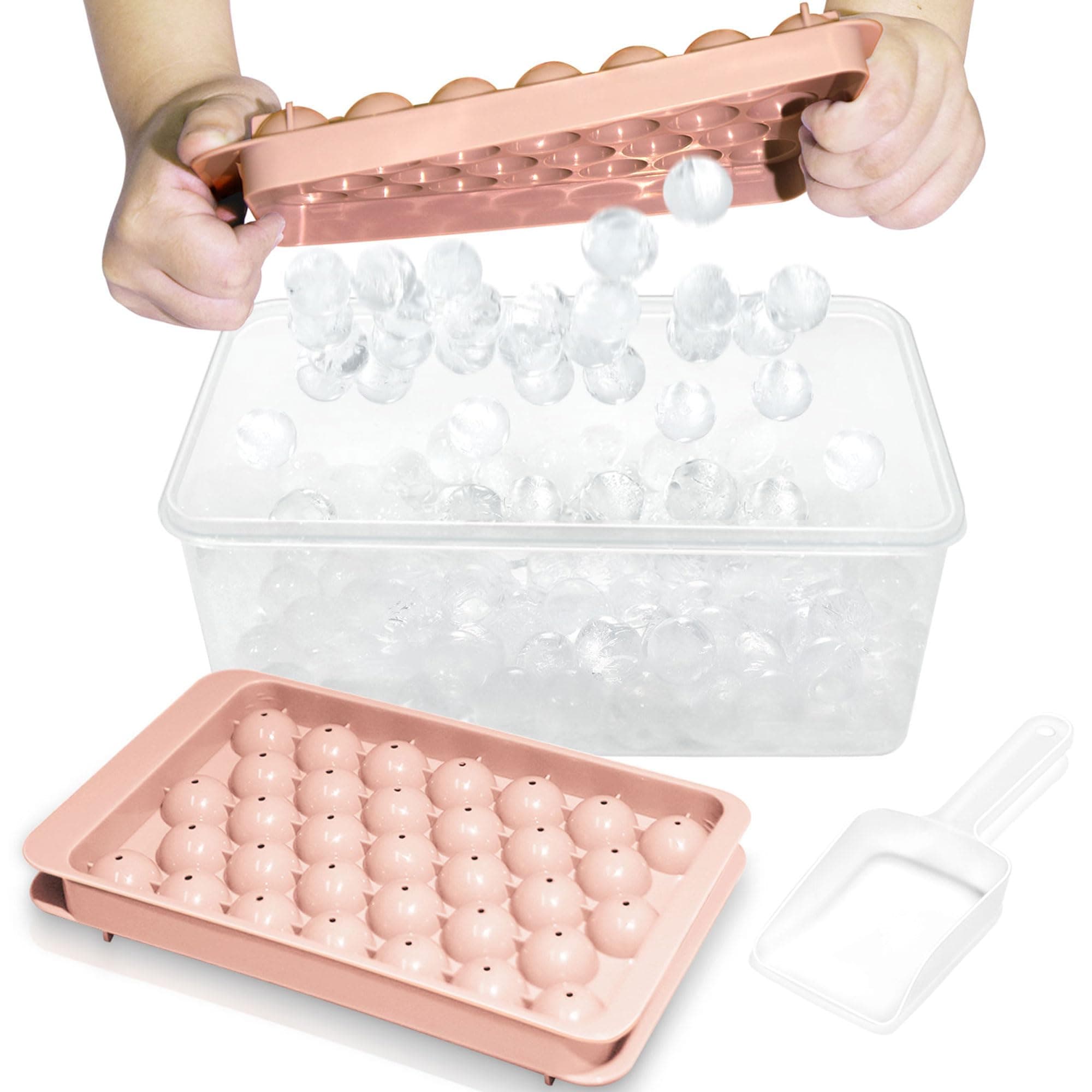 WIBIMEN Ice Cube Tray with Lid and Bin - Round Ice Trays for Freezer with Lid - Ice Cube Trays for Freezer with Ice Container (1"-2PACK Pink)
