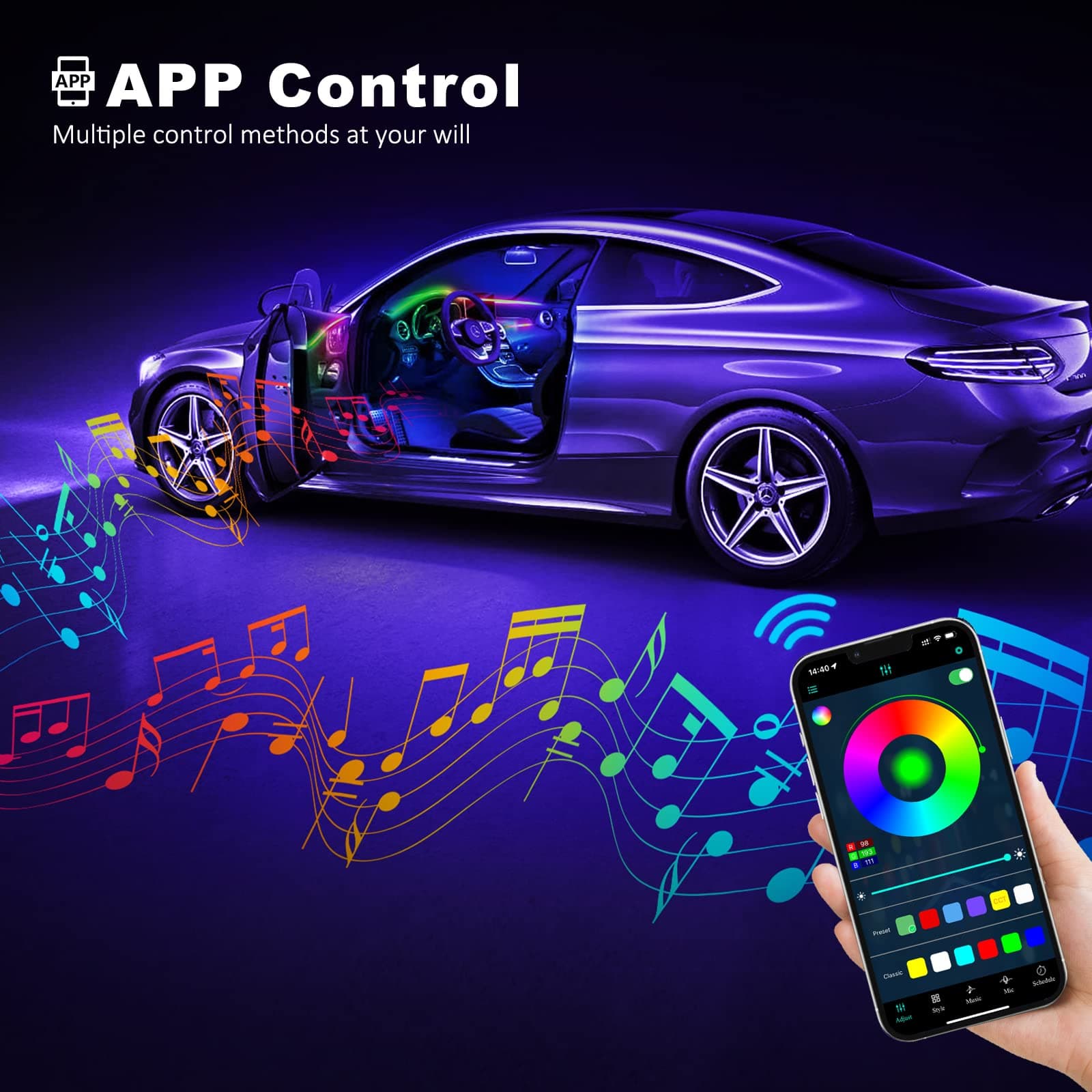 LIGHEID Acrylic Interior Car LED Strip Light with Wireless APP, RGBIC Dreamcolor 5 in 1 Ambient Lighting Kits, 16 Million Colors Sound Active Function Neon Lights, Sync to Music (dreamcolor 1)