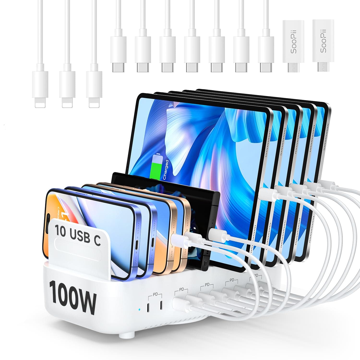 SooPii 100W 10-Port USB Charging Station, 10 USB-C PD Fast Charging Compatible with Phone,lPad,Galaxy, and Other Electronics, 10 Mixed Charging Cables Included (White)