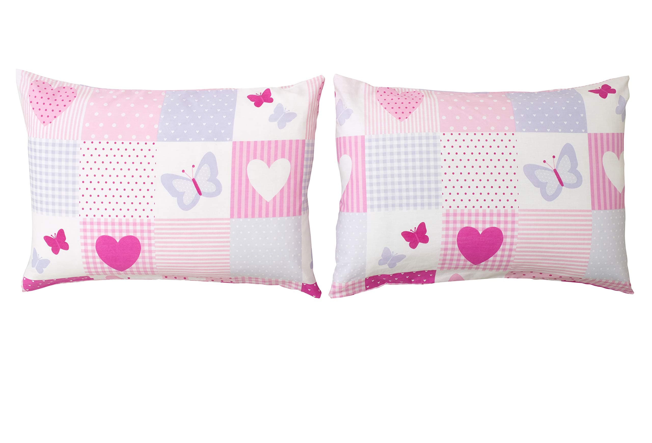 Kids Pillow Cases 2 Pack - Hearts and Butterflies Patchwork - Pink Pillow Covers for Girls Duvet Cover Sets or Kids Travel Pillow - Pair of Childrens Pillowcases (Extra) - 50x75cm