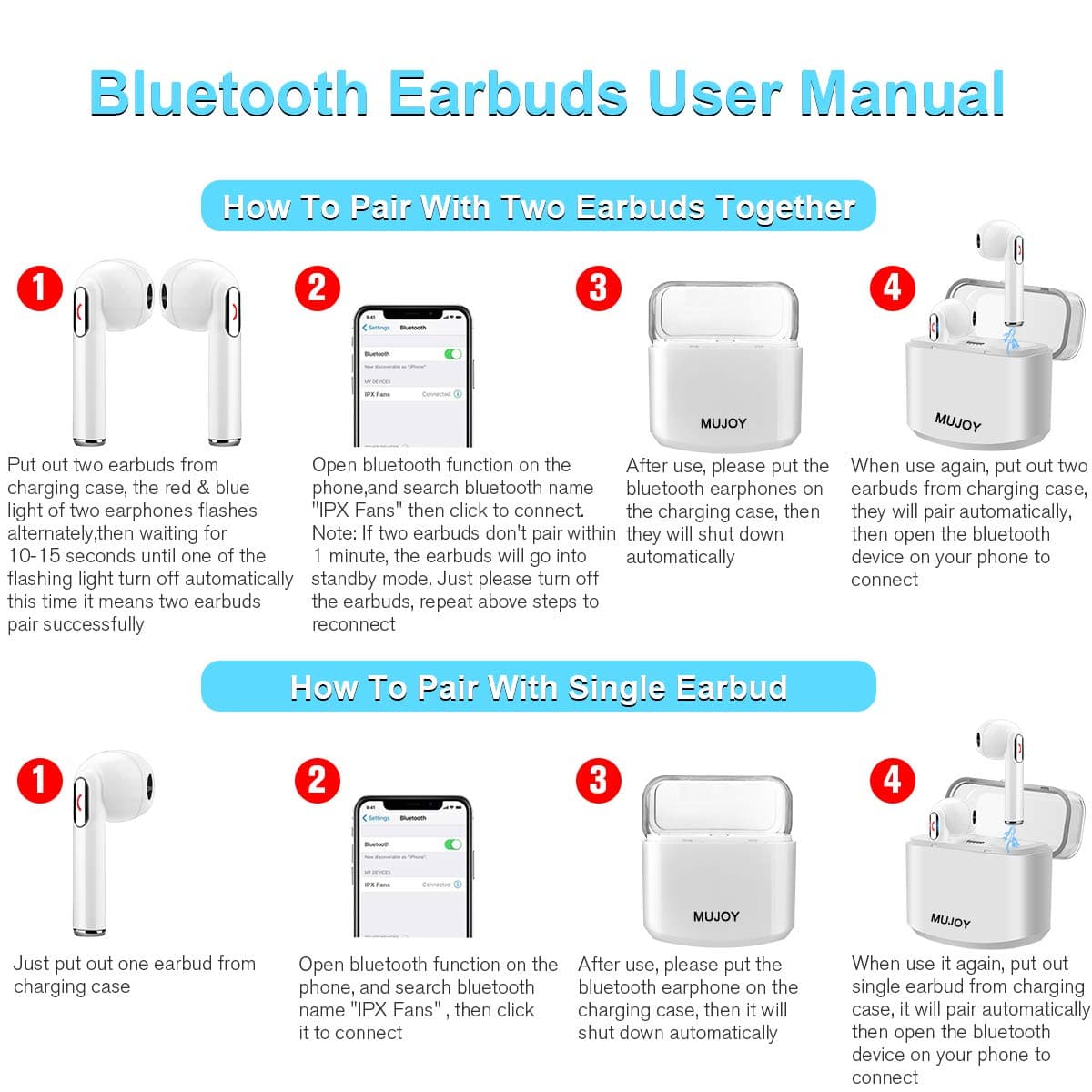 Wireless Earphones with Mic, Wireless Earbuds with Charging Case, Mini in Ear Bluetooth Earphones Earbuds with microphone for Running Compatible ipad IOS Iphone XS 8 7 6S Android Samsung Smartphones