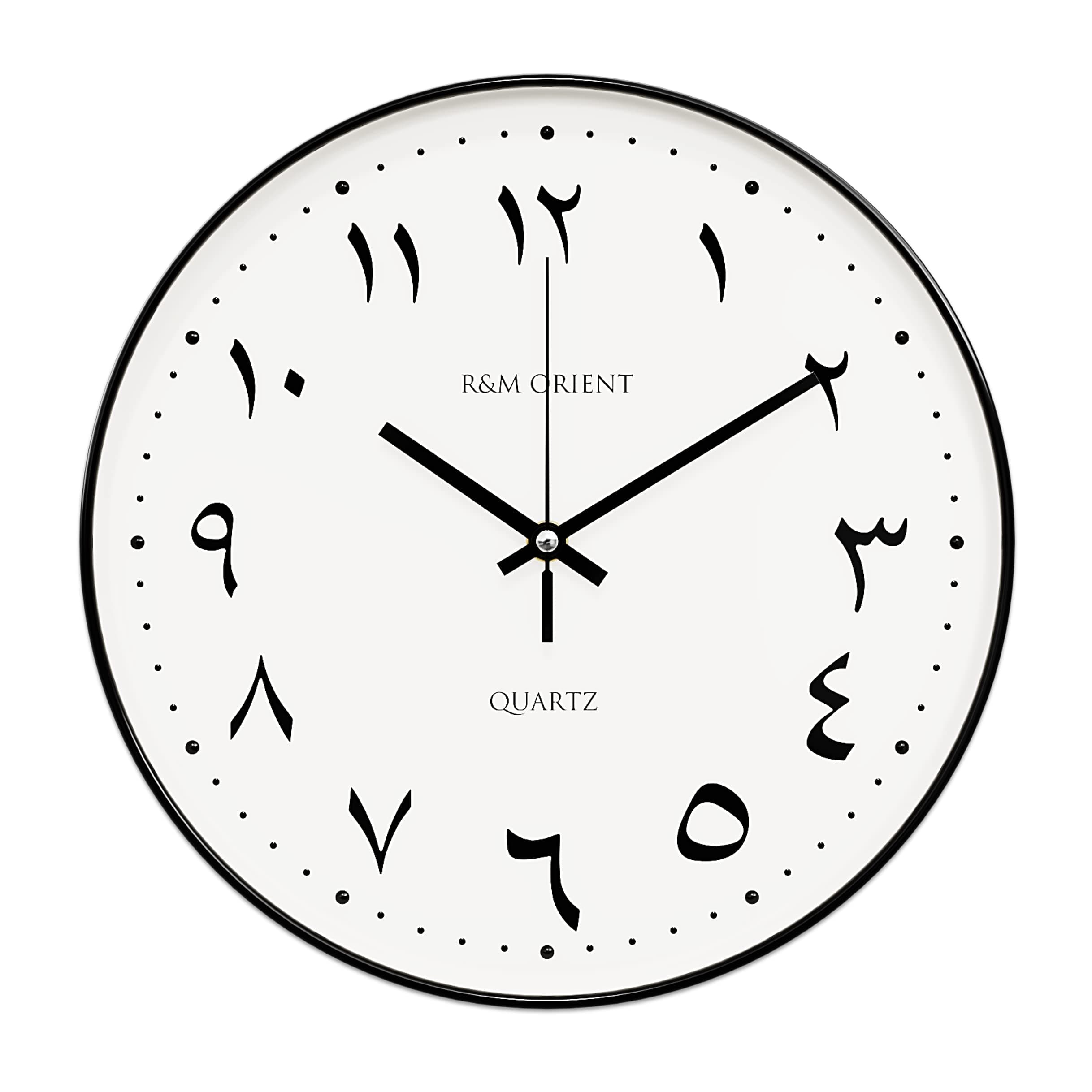 R&M ORIENT 30cm Arabic Wall Clock Round with creeping hands without ticking noise, silent quartz movement, easy to read, large wall clock for living room, office, kitchen, restaurant (Black/White)
