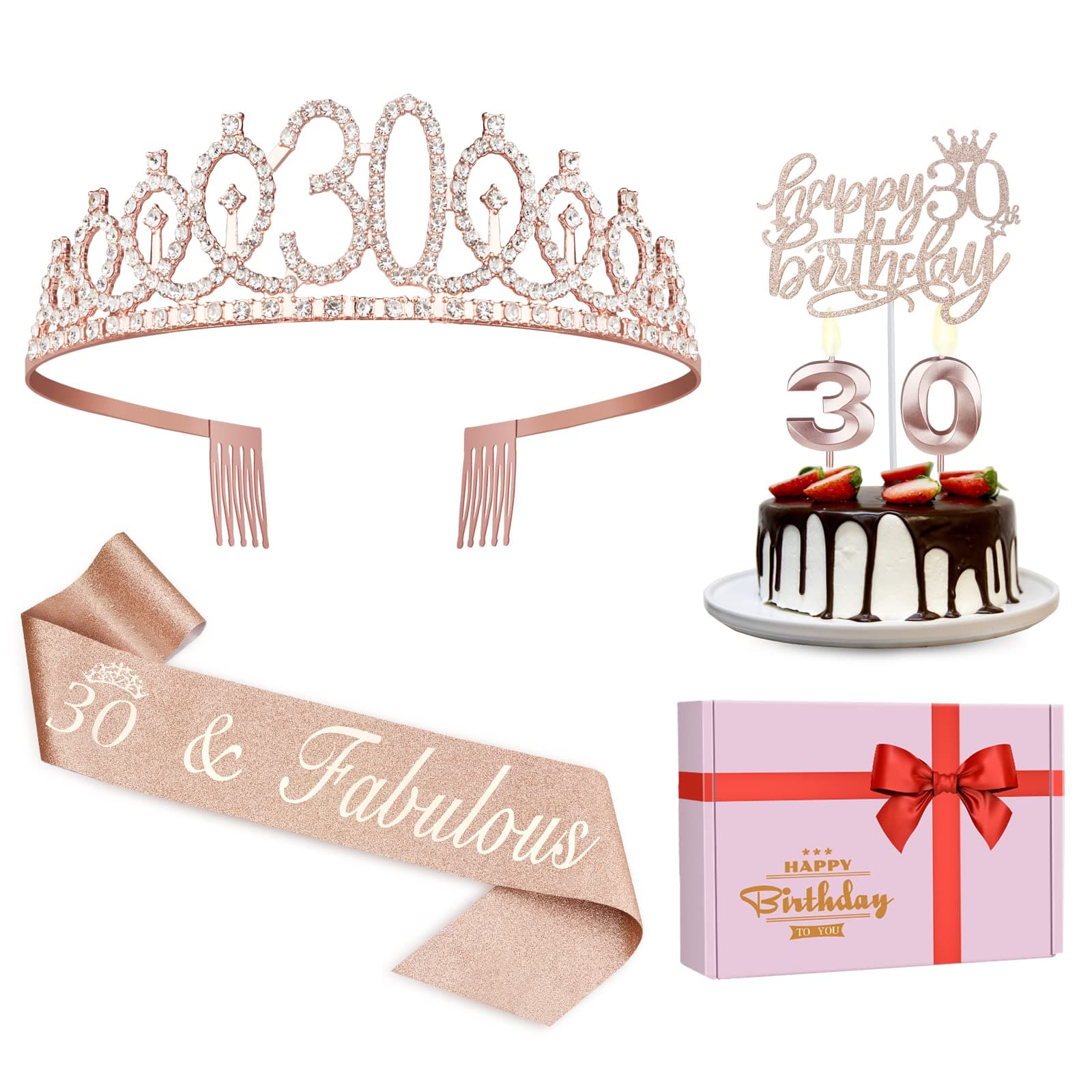 30th Birthday Decorations for Her, Including Sash, Crown/Tiara, Candles, Cake Topper, 30th Birthday Gifts for Her
