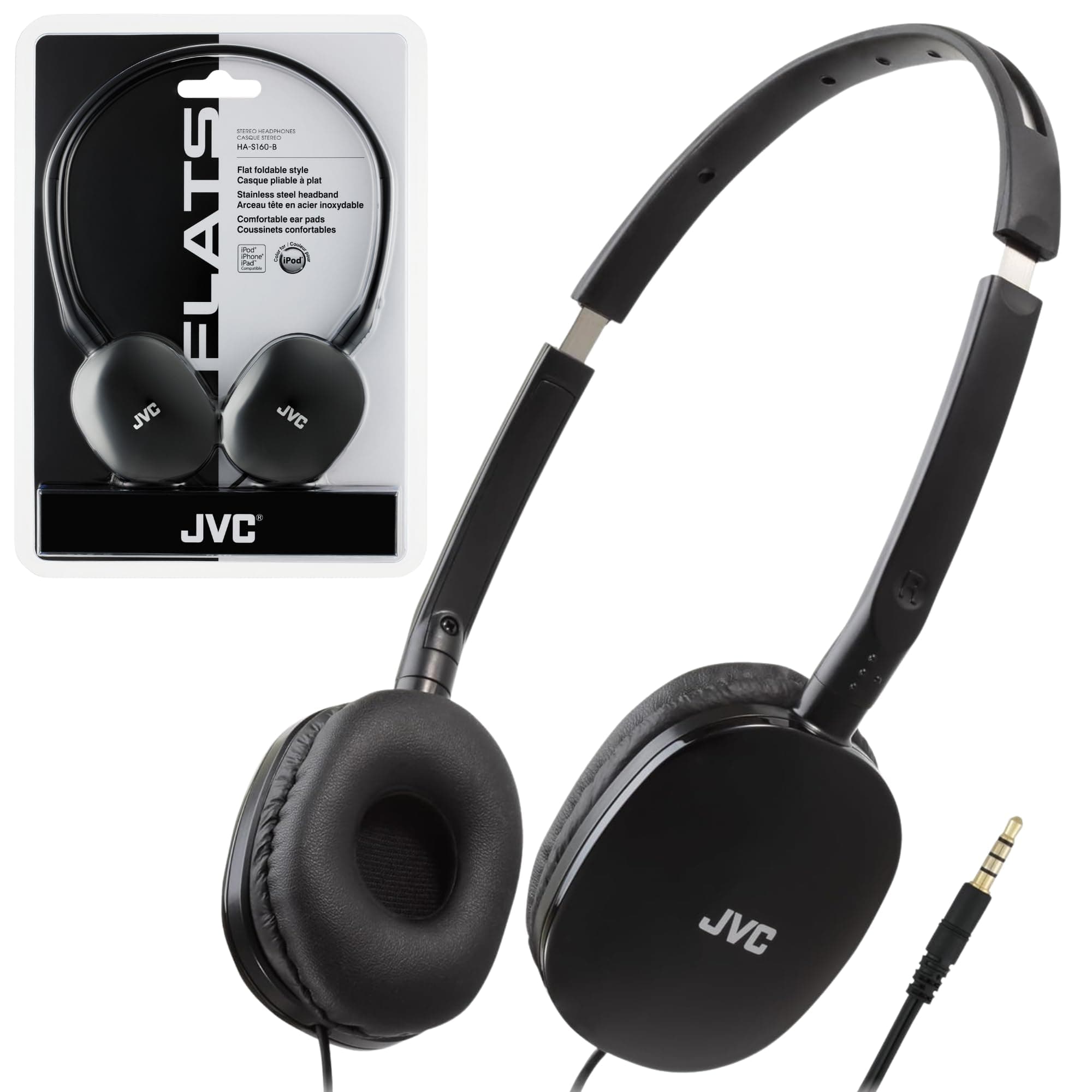 JVC Black Flat and Foldable Colorful Flats On Ear Headphone with 3.94 foot Gold Plated Phone Slim Plug HAS160B