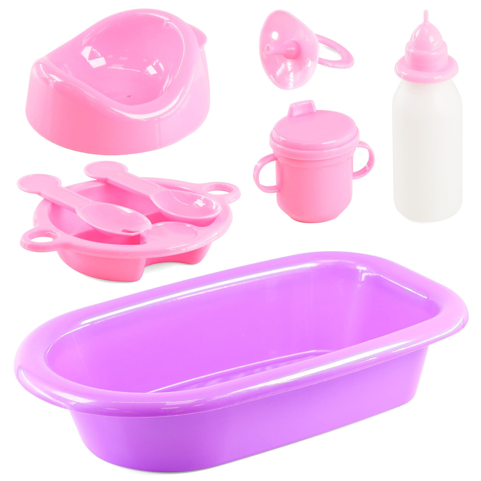 BiBi Doll Bath Feeding Set Baby Doll Accessories 8pcs Playset Bath, Potty, Milk Bottle, Sippy Cup, Dummy, Spoon, Fork, Plate