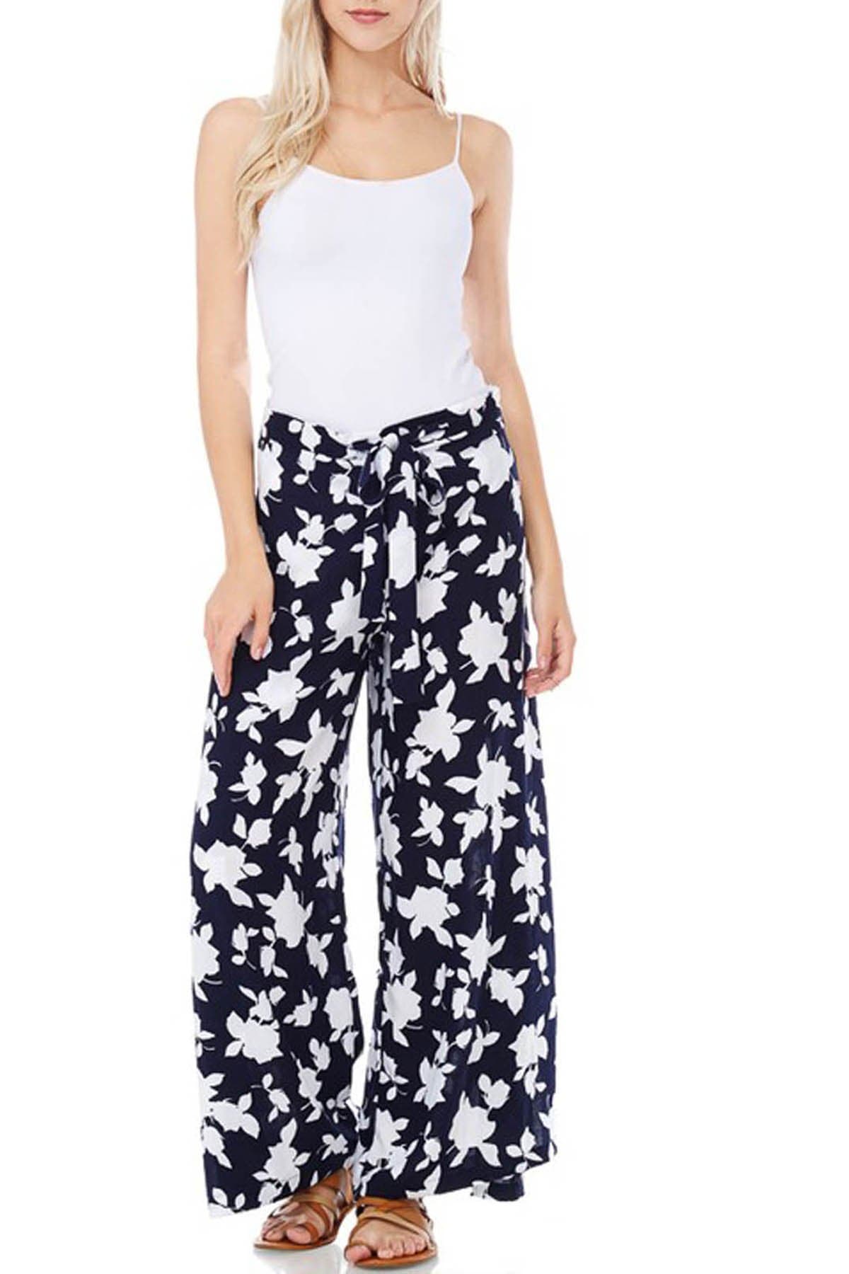 Charmful Sapphire Womens Front and Back Tie Wrap Palazzo Pants - Pedal Wrap Palazzo Pants, Navy Flowers, Medium