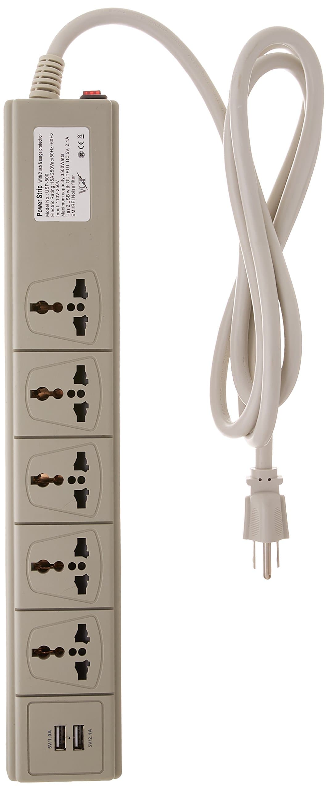 Multi-outlet Universal Power Strip with 2 USB Ports and 5-Outlets 110 Volt to 250 Volt Surge Protector, 3750 Watts 15 Amp, Worldwide Use with USA Plug (USP500)
