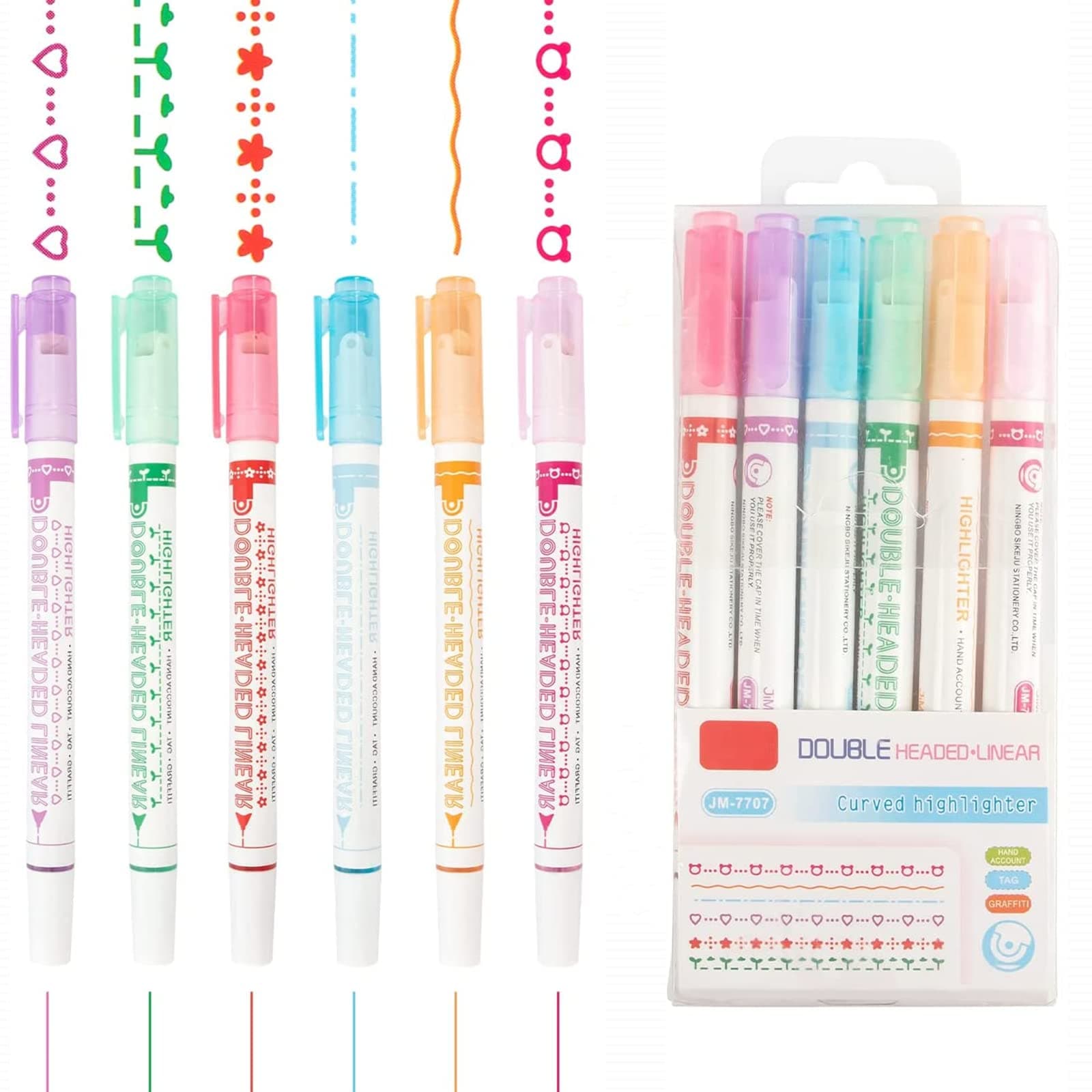 6Pcs Curve Highlighter Pen Dual Tip Pens with 6 Different Curve Shapes Fine Tips, Colored Curve Pens, Highlighter Markers Assorted Colors, for Writing Drawing Journaling Scrapbook