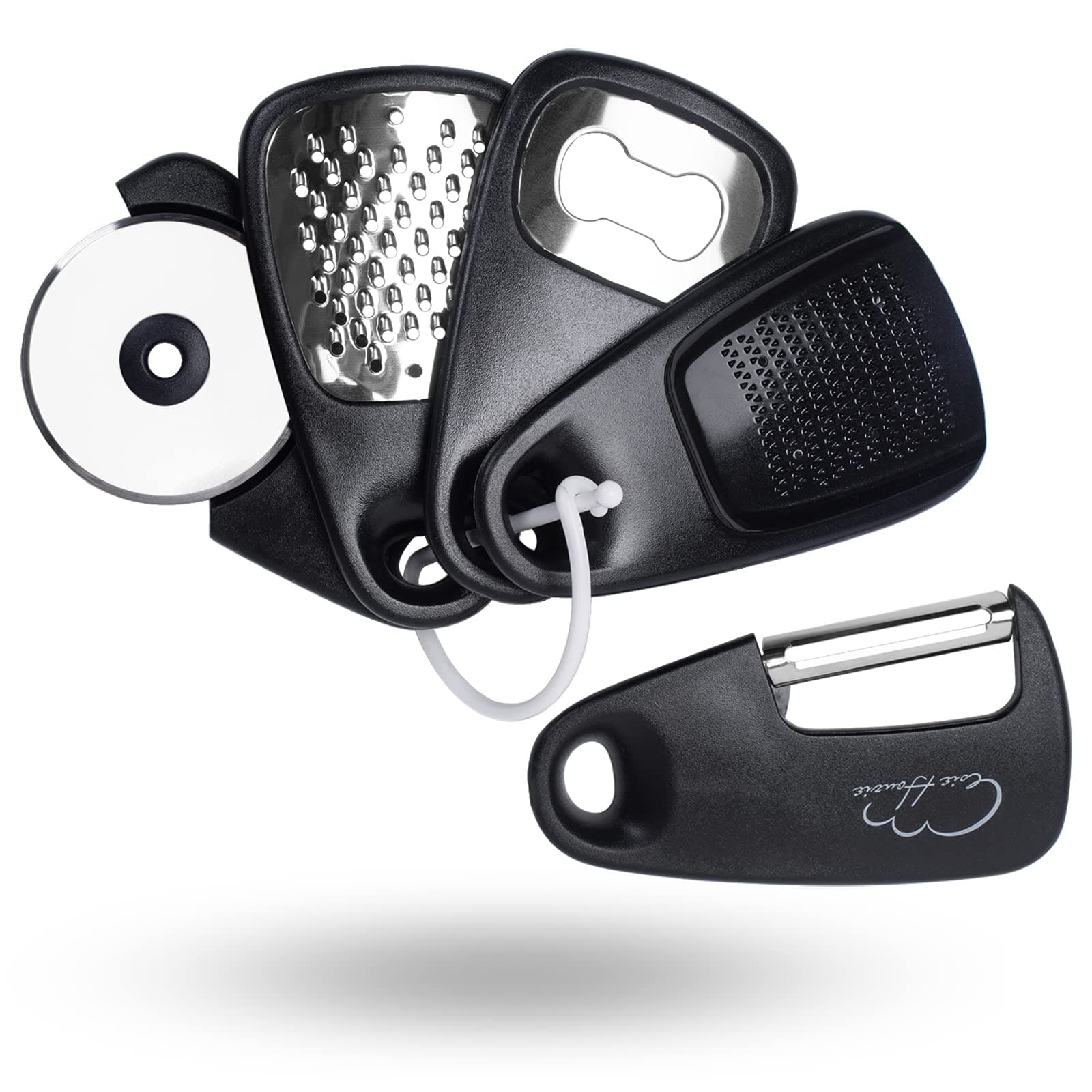 Kitchen Accessories Set of 5, Kitchen Utensils Mini Vegetable Peeler Space-Saving Camping Accessories, Cheese Chocolate Grater, Bottle Opener, Pizza Cutter, Garlic Ginger Grater (Black)