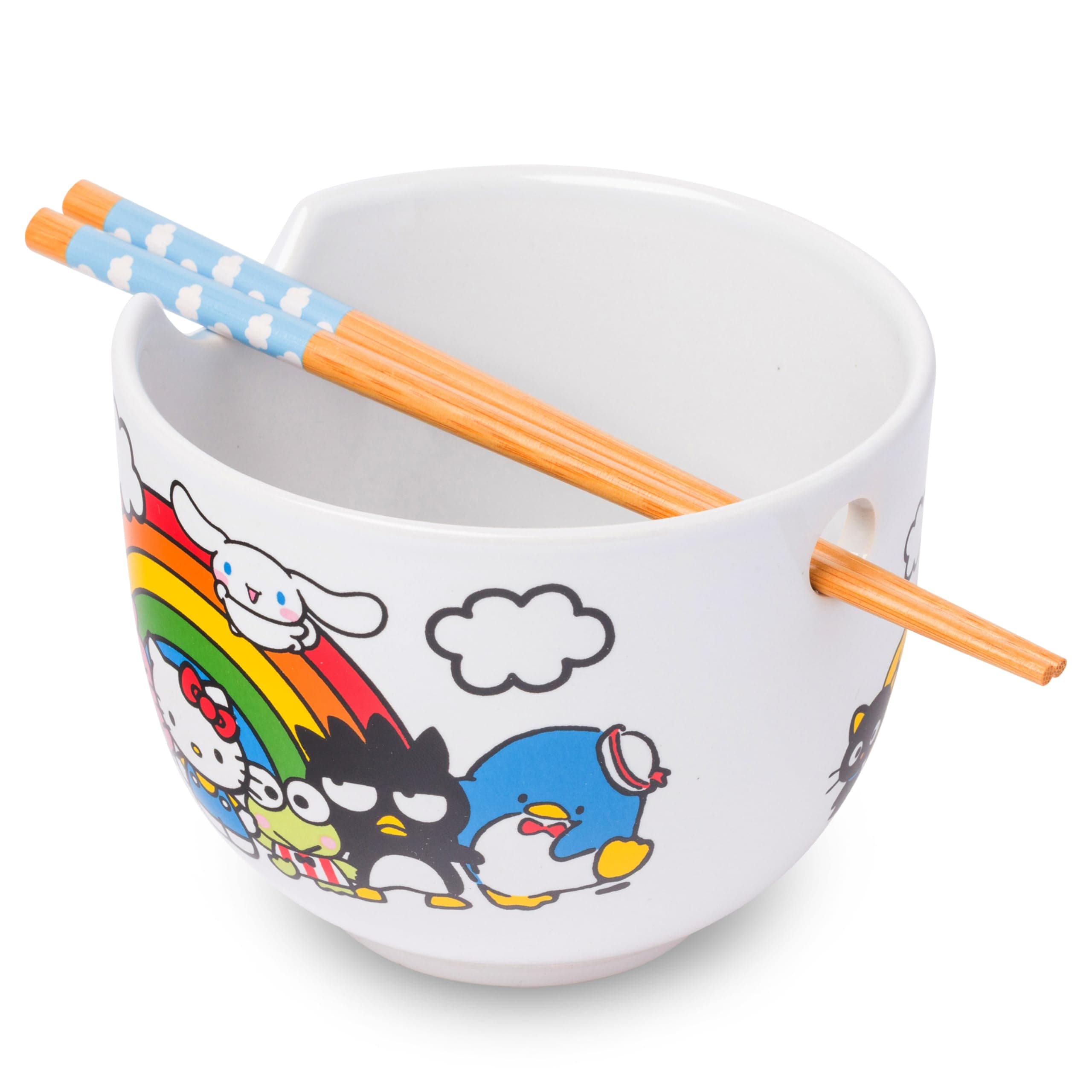 Silver Buffalo Sanrio Hello Kitty and Friends Rainbow Featuring Chococat, Pompompurin, My Melody, Keroppi, Badtz-Maru, Tuxedo Sam, Cinnamoroll Ceramic Ramen Rice Bowl with Chopsticks, 20 Ounces