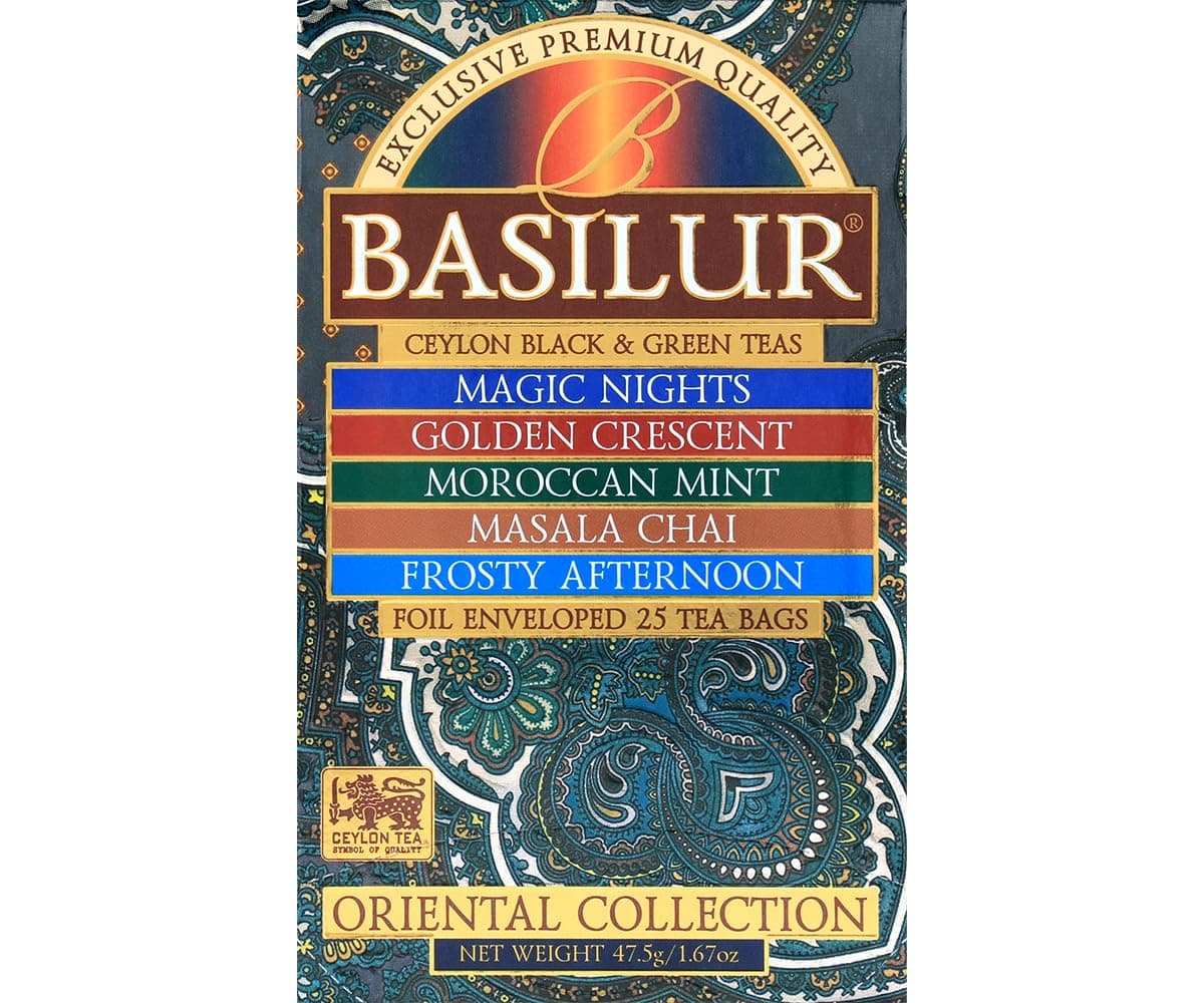 BasilurOriental Collection - Assorted | Flavoured Black & Green Ceylon Tea | 25 Tea Bags | 5 Blends: Masala Chai, Moroccan Mint, Frosty Afternoon, Golden Crescent & Magic Nights