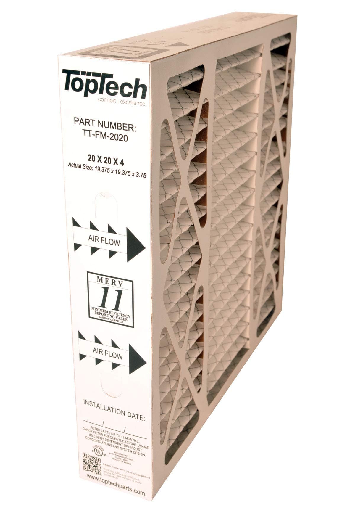 TopTech TT-FM-2020 Ready to Use TechPure TTFM2020 Air Filter 20x20x4 Top Tech OEM Cartridge 20 by 20 by 4 in Furnace MERV 11 Carrier TT-MAC-2122 TT-MAC-2020 with Dakota Supplies Installation Sticker
