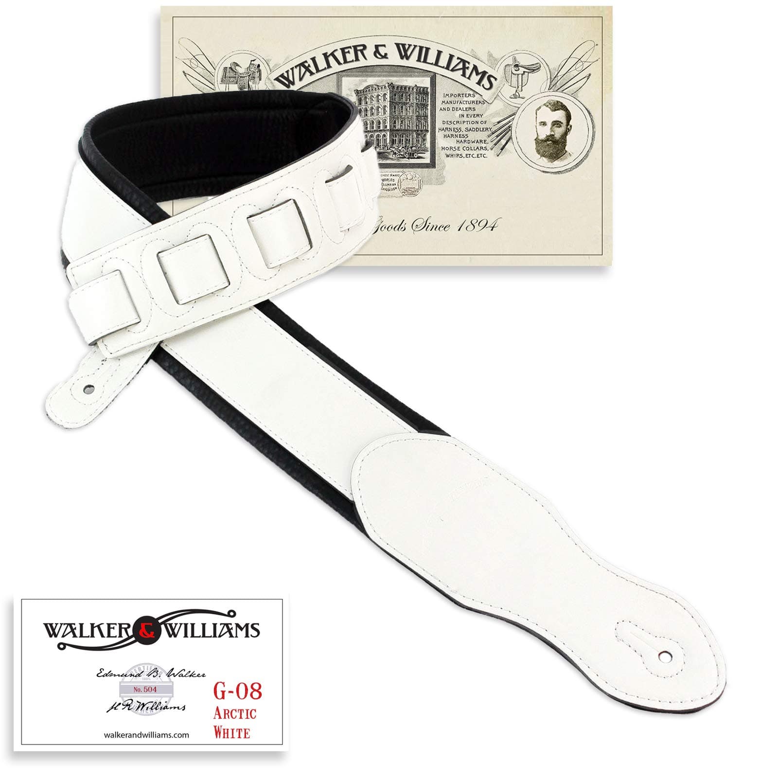 Walker & Williams G-08 Powder White Padded Guitar Strap with Glove Leather Back For Acoustic, Electric And Bass Guitars
