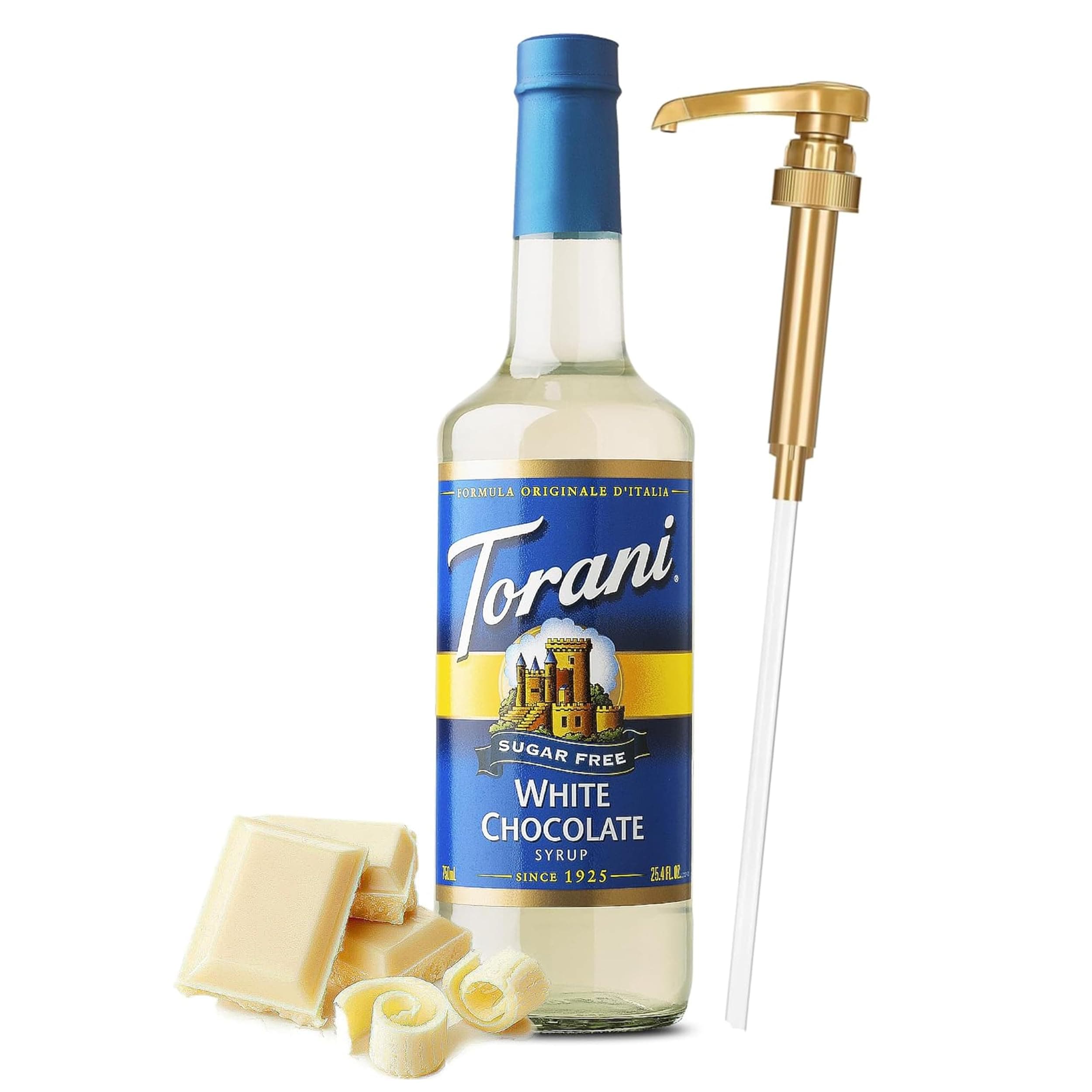 Torani Sugar Free White Chocolate Syrup for Coffee 25.4 Ounces Coffee Syrups and Flavors with Jimoco Pump Syrup Dispenser