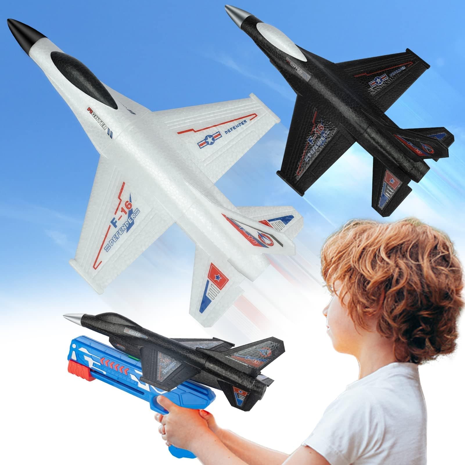 KASTWAVE 2 Pack Airplane Launcher Toys, 2 Flight Modes LED Foam Glider Catapult Plane, Outdoor Flying Toy for Kids, Birthday Gifts for Boy Girl 4 5 6 7 8 9 10 11 12 Year Old, B-Day Party Supplies