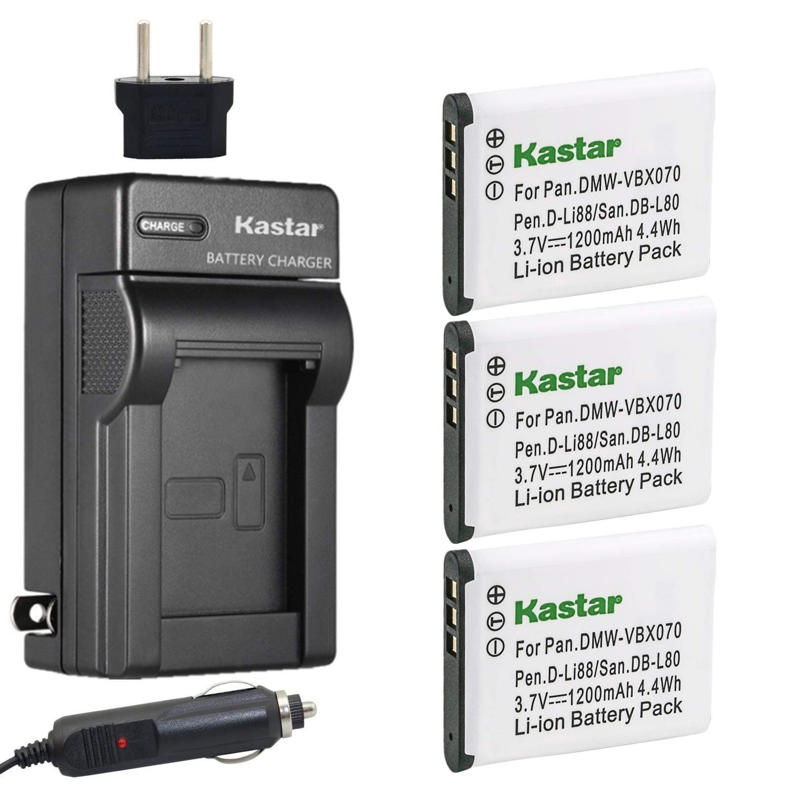 Kastar VW-VBX070 Battery (3-Pack) and Charger Kit for Pentax D-Li88, Panasonic VW-VBX070, Sanyo DB-L80, DB-L80AU Battery and Digital Cameras (Search Your Camera Model Down Description)