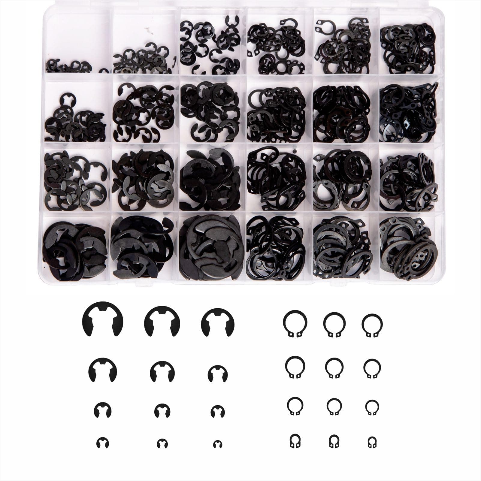 Mariyandh 324Pcs E-Clips Assortment Set(2.0mm-12mm) and External Retaining Rings, Snap Rings Assortment Kit,C Clips Assortment (M5-M16),Carbon Steel Circlip 24 Sizes