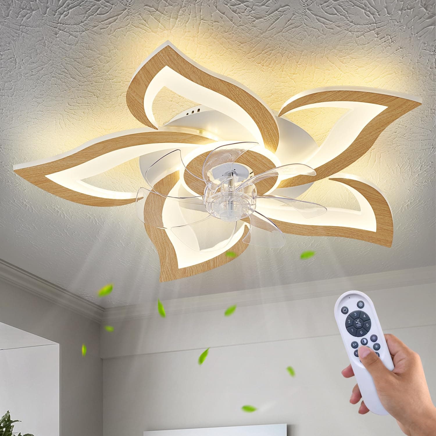 Dalouguan Geometric Ceiling Fan with Lights Remote Control, Wooden Ceiling Fa...