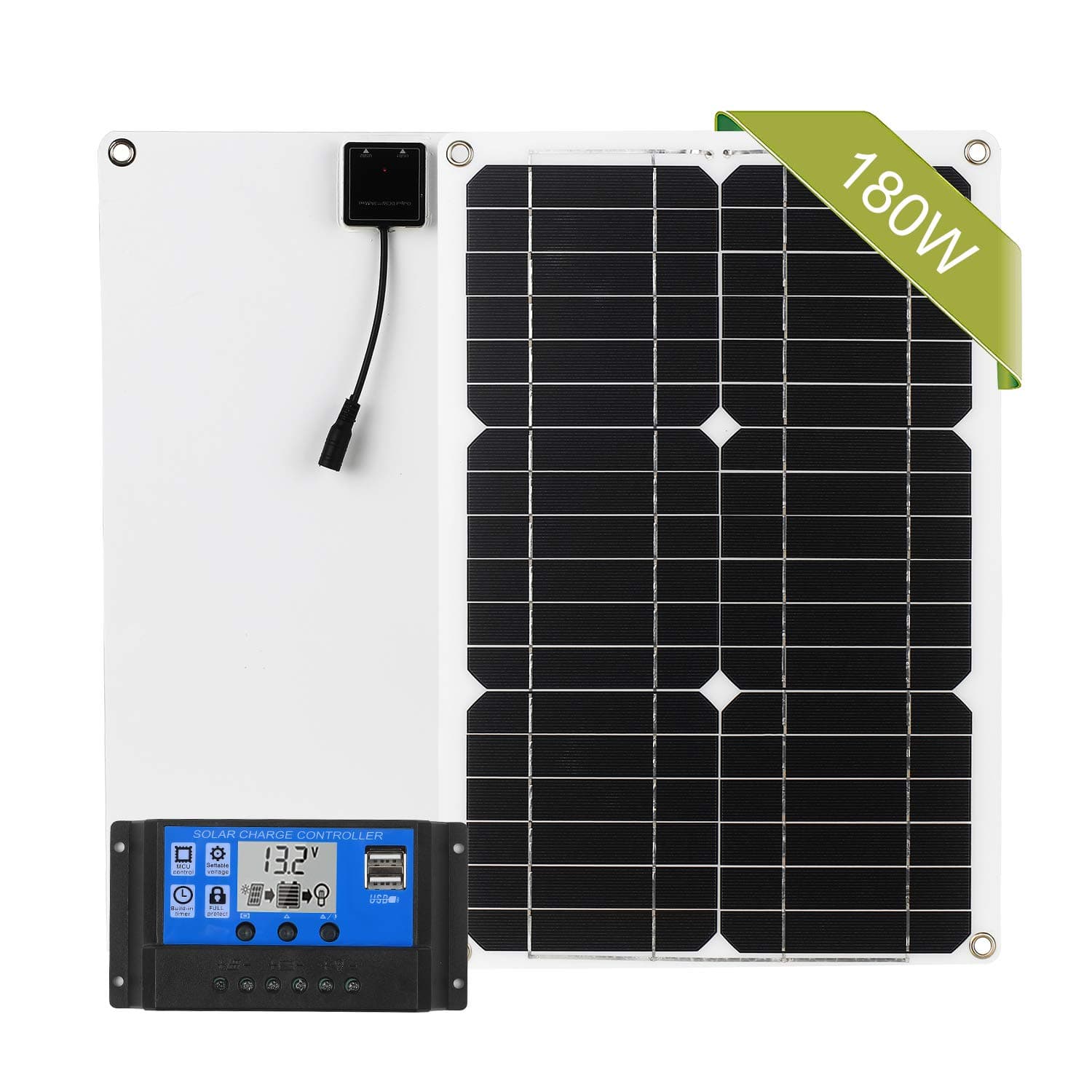 Tidyard180W 12V Solar Panel Kit Dual USB Port Off Grid Monocrystalline Module with Solar Charge Controller SAE Connection Cable Kits