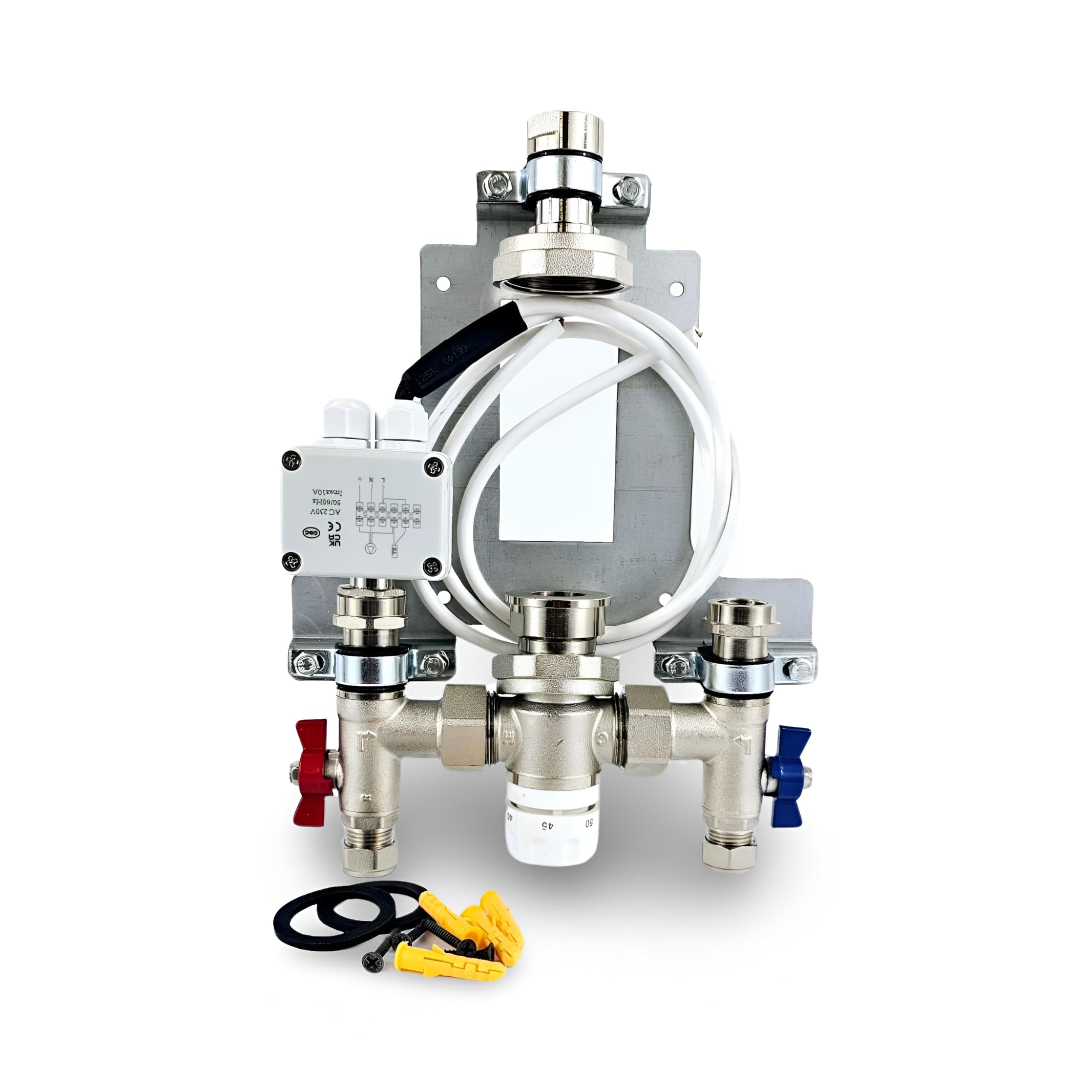 Single Zone Underfloor Heating Manifold for Small Rooms or Extensions with Thermostatic Blending Valve Integral Ball Valves Anti-Vibration Fixing Bracket and Built-in Wiring Box