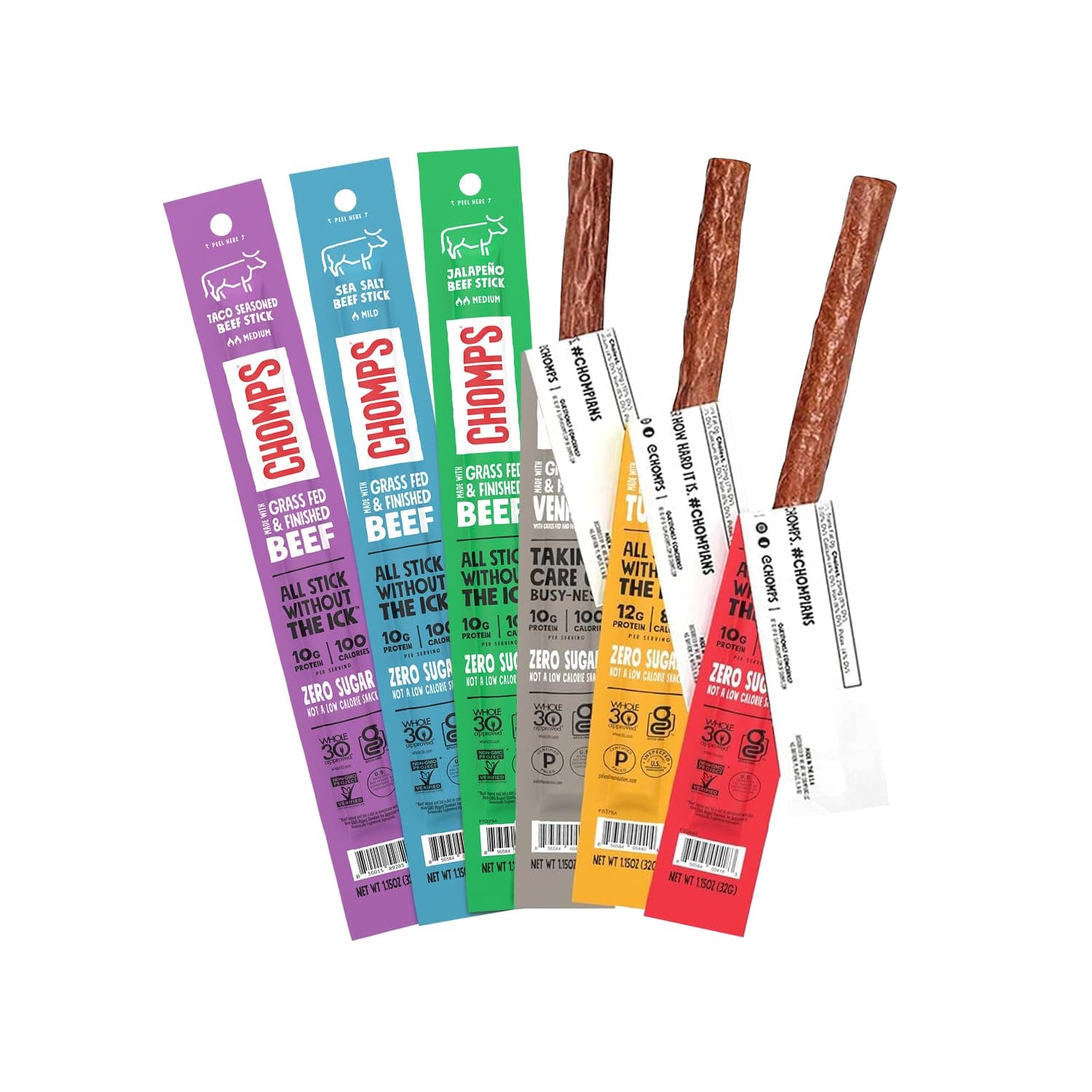 Chomps 6 Flavor Variety Trial Pack - Grass-Fed & Finished Beef and Venison & Antibiotic Free Turkey Meat Snack Sticks, Keto, Paleo, Low Carb, Whole30 Approved, Gluten Free, Zero Sugar Food