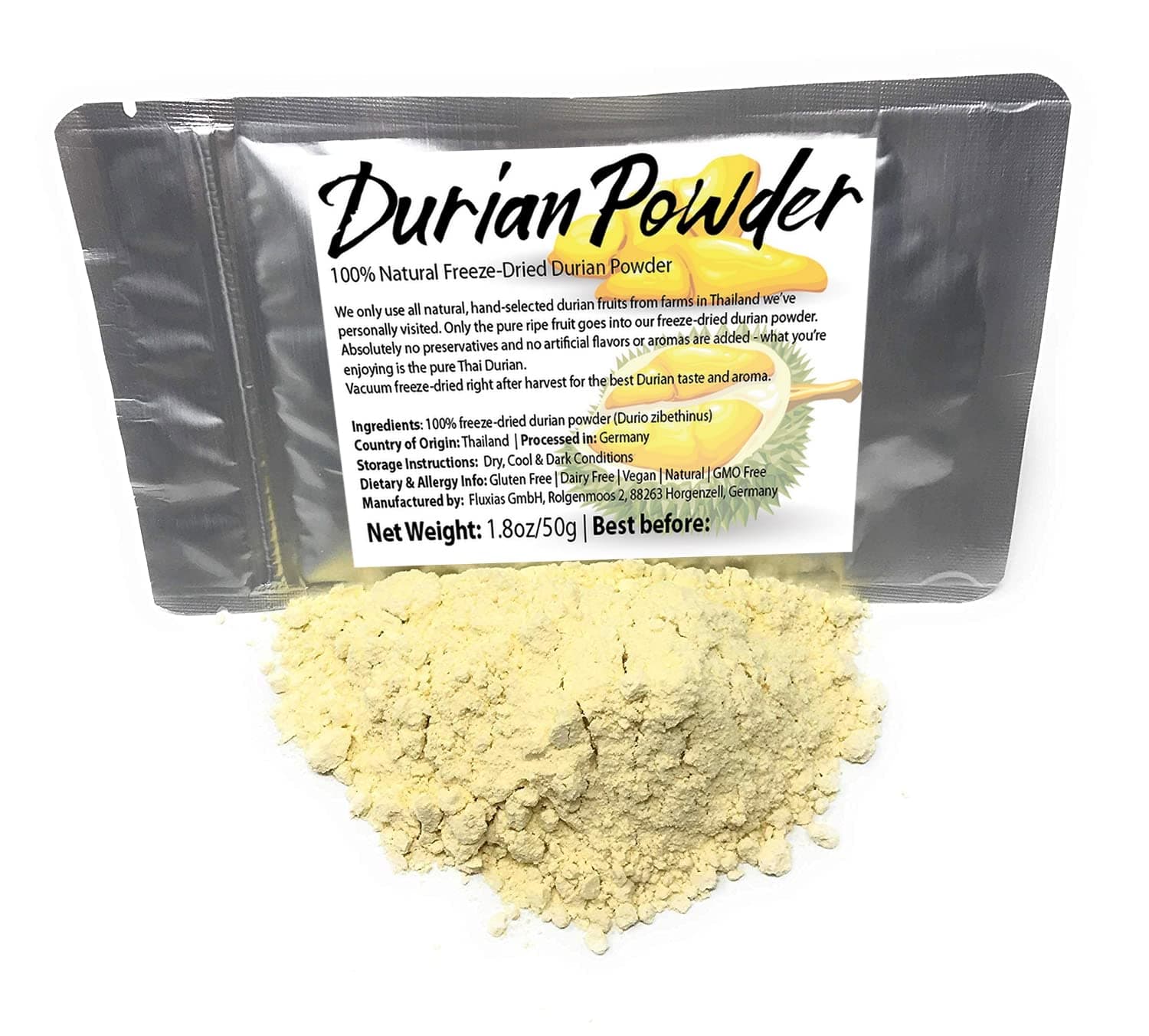 Durian Powder made from real, 100% pure Durian Fruit Pulp - Natural Freeze-Dried Durian Powder - Perfect for Beverages, Cakes and Culinary Delights, Grade AAA | 1.8oz/50g