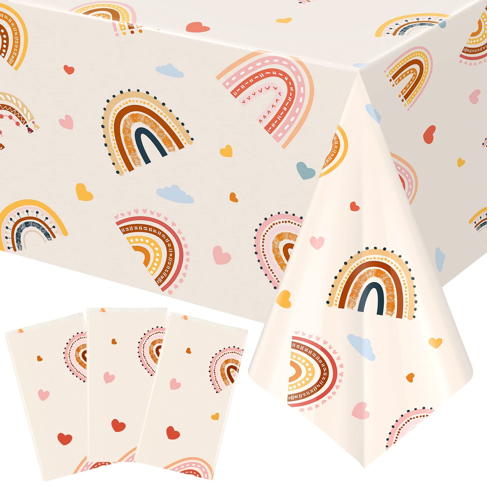 Remerry 3 Pcs Boho Rainbow Tablecloths 108 x 54 Inch Plastic Waterproof Table Cover Bohemian Rainbow Tablecloths Kids Party Tablecovers for Boho Birthday Party Decor Supplies