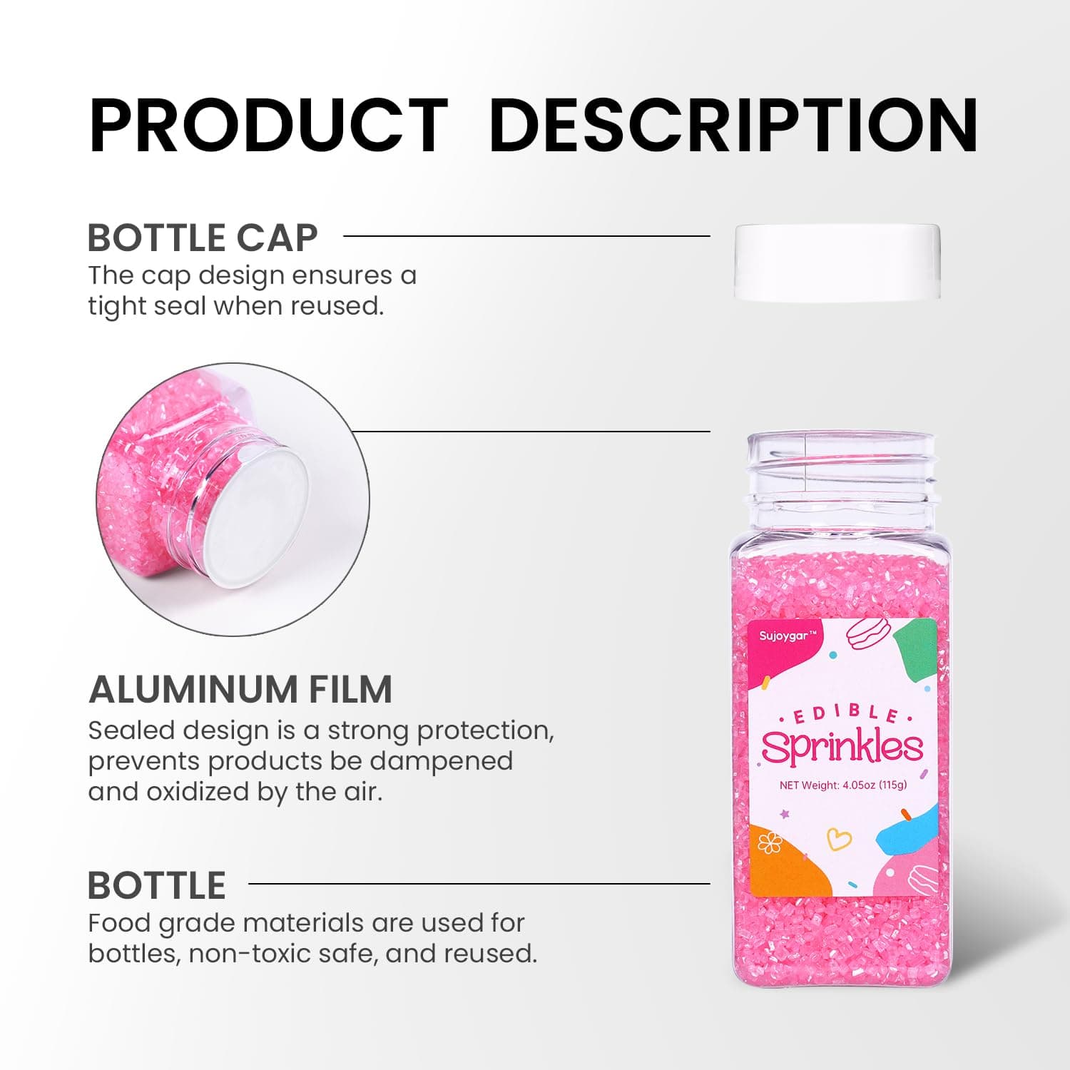 Pink Sprinkles for Cake Decorating, 4.02oz Pink Sanding Sugar Sprinkles, Edible Glitter Sprinkles for Cupcake Toppers Baking Drinks Cookie Ice Cream Dount Chocolate