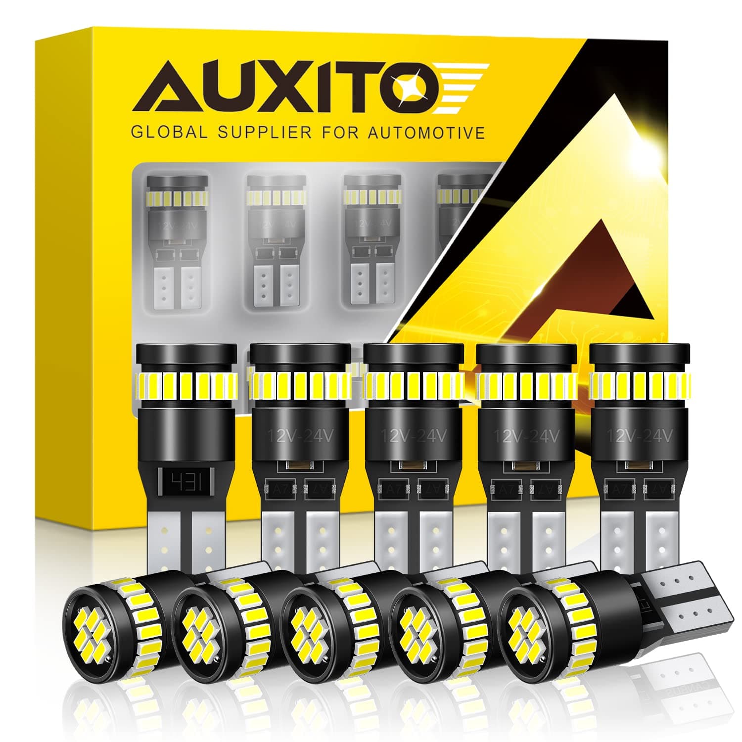 AUXITO 194 LED Light Bulb 6000K White Super Bright 168 2825 W5W T10 Wedge 24-SMD 3014 Chipsets LED Replacement Bulbs Error Free for Car Dome Map Door Courtesy License Plate Lights (Pack of 10)