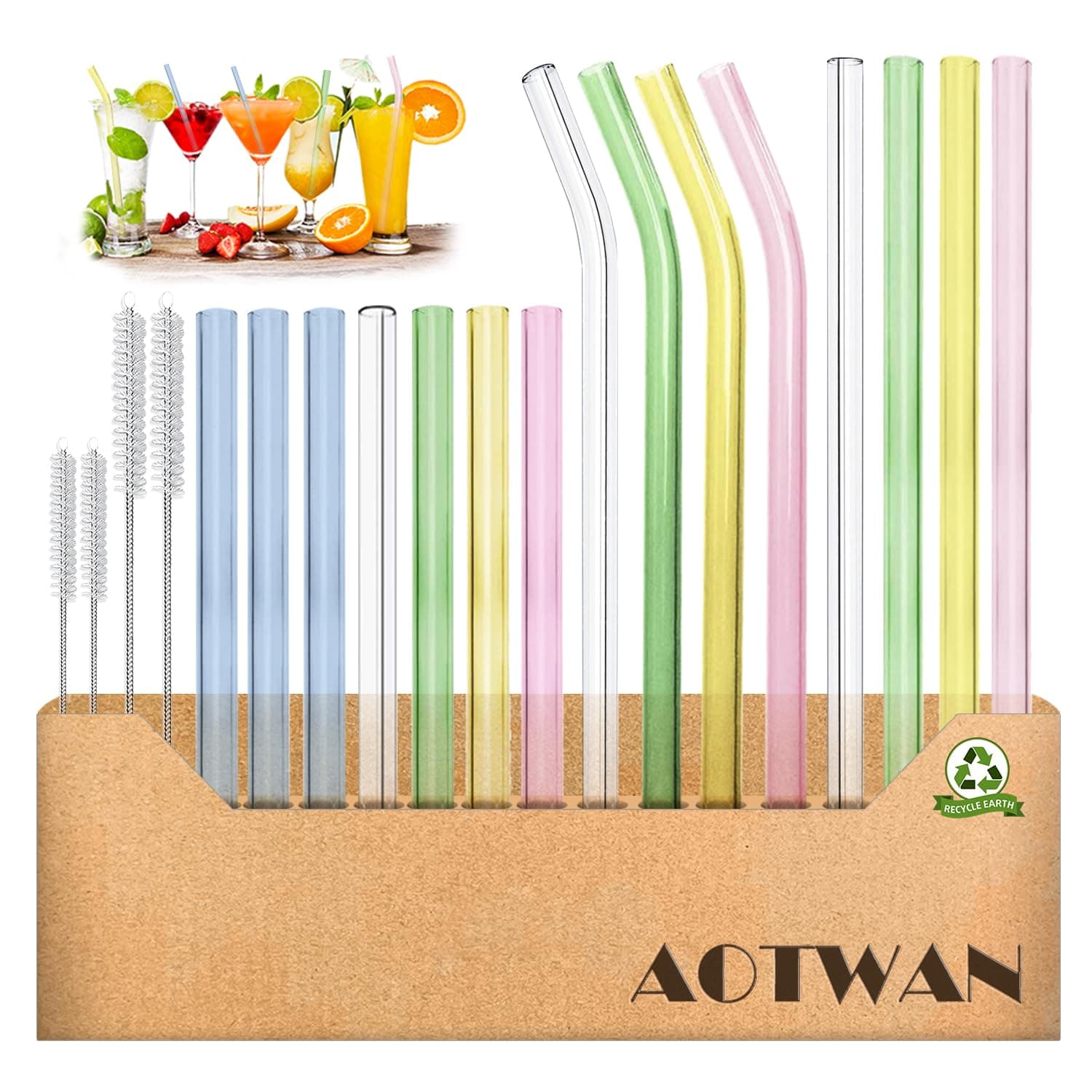 Glass Straws Drinking Reusable Colorful 19 Pack,Size 8.5''x10MM,8.5''x8MM and 6''x8MM,Glass Straws Shatter Resistant Including 11 Straight and 4 Bent with 4 Brushes,Reusable Straw for Cocktail