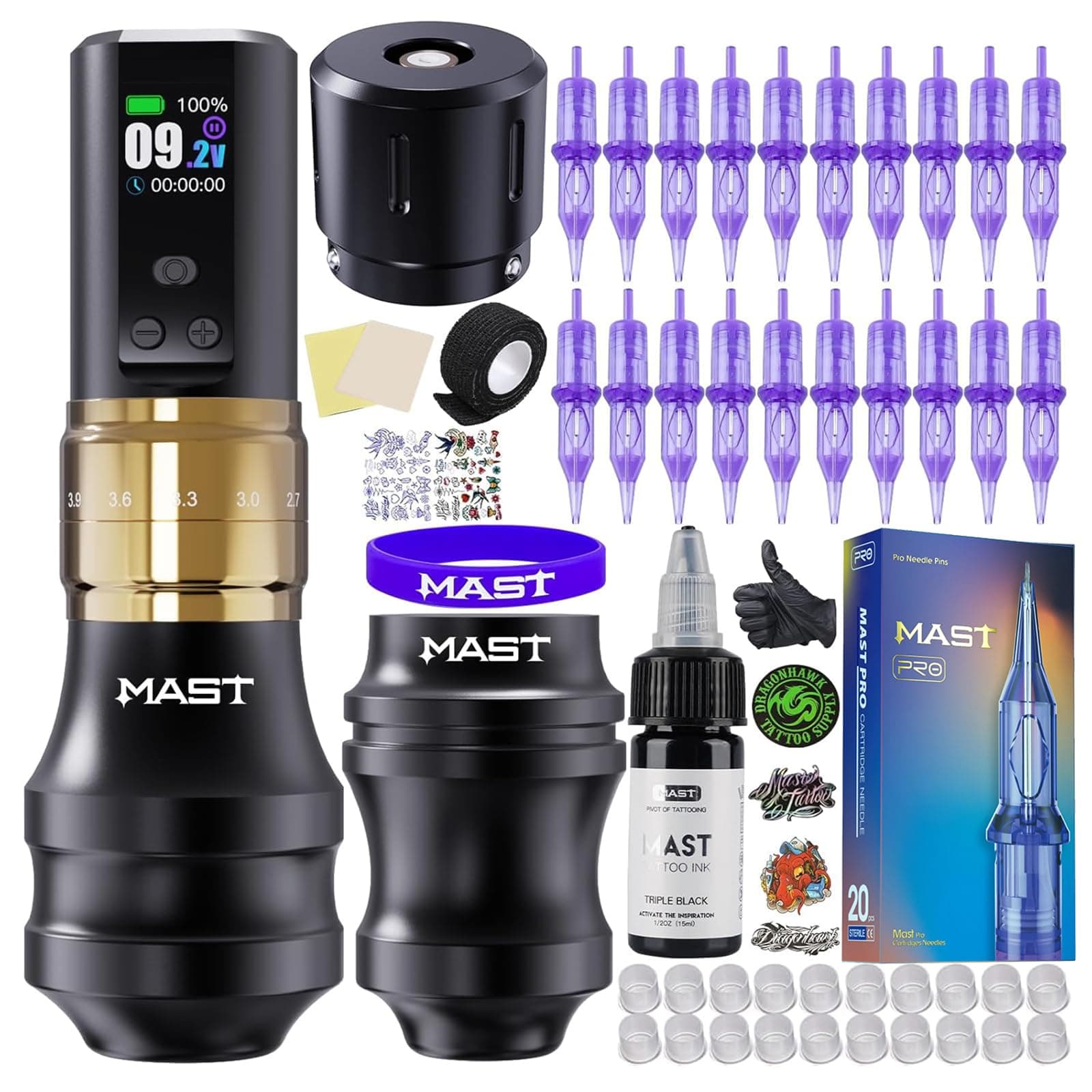 Fold2 Pro Tattoo Gun Kit Complete Tattoo Machine Kit 2000mAh Battery Supply Mcore-C1 Motor Real 7 Strokes Length Gold Color