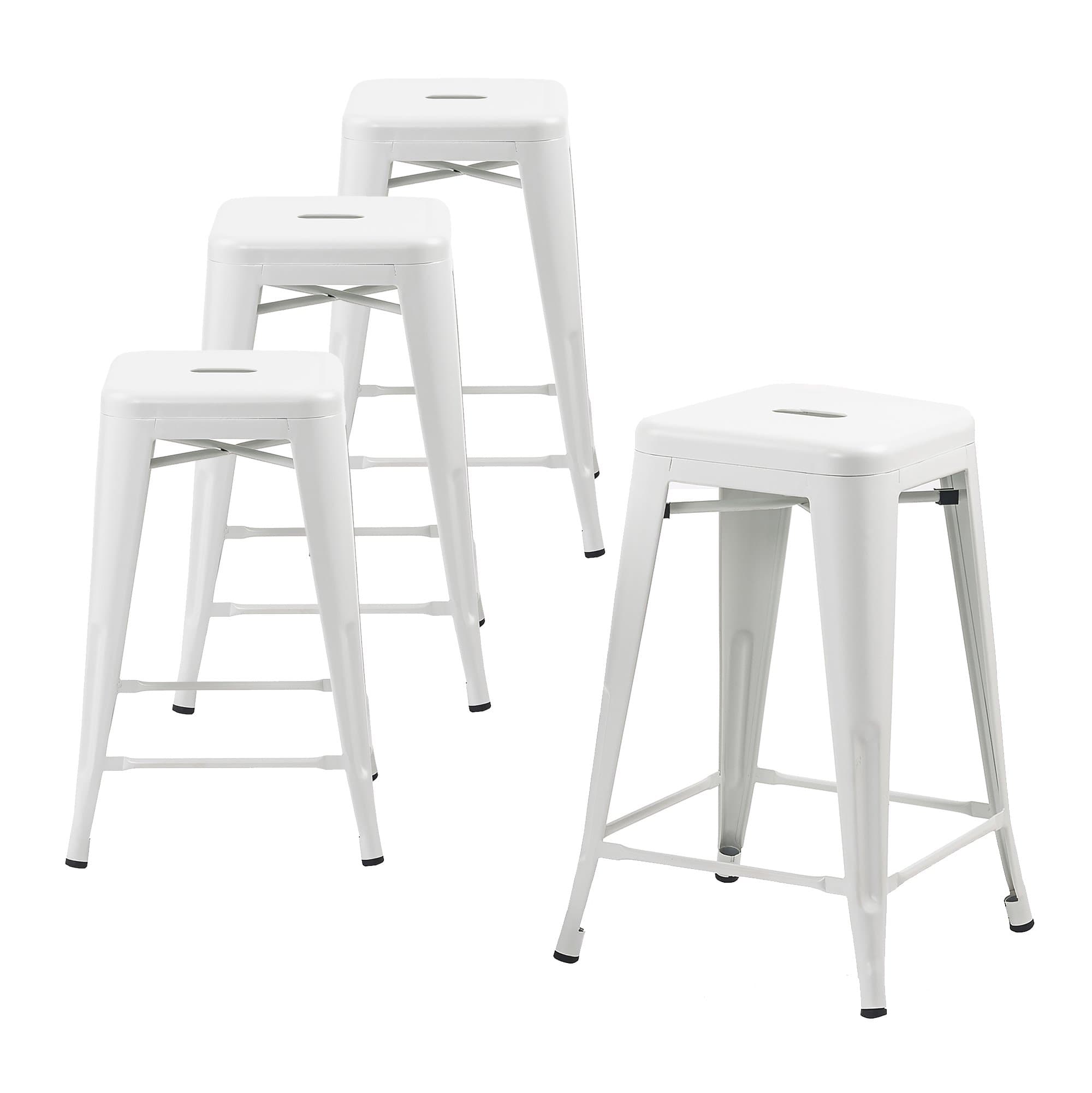 Metal Bar Stools 24" Counter Height, Indoor/Outdoor and Stackable, Set of 4 (Matte White)