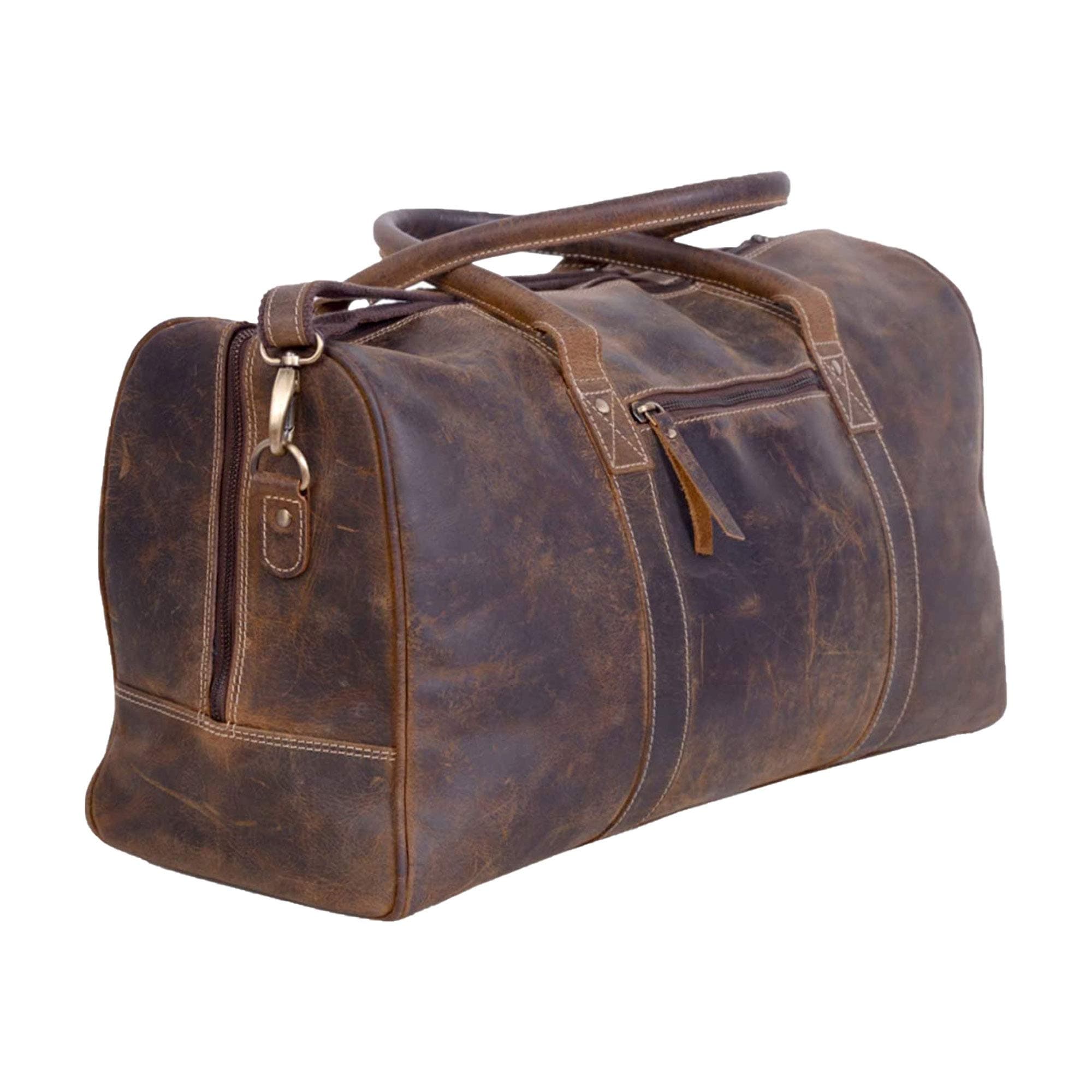 24 Inch Brown Distressed Tan Leather Duffel Bag for Men and Women, Full Grain Buffalo Leather, 24L, 61cm L x 28cm H x 20cm Depth