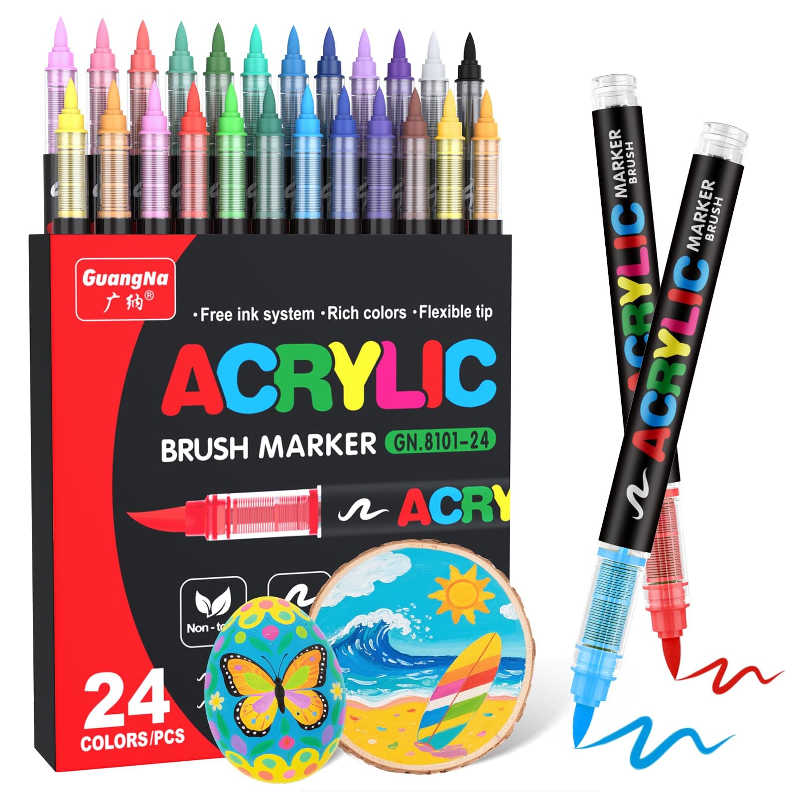 24 Colors Direct Liquid Soft Head Acrylic Marker Pens,Tooli Art Acrylic Paint Markers, Brush Tip Acrylic Paint Pens, Ideal for Canvas, Wood, Stone, and DIY Crafts
