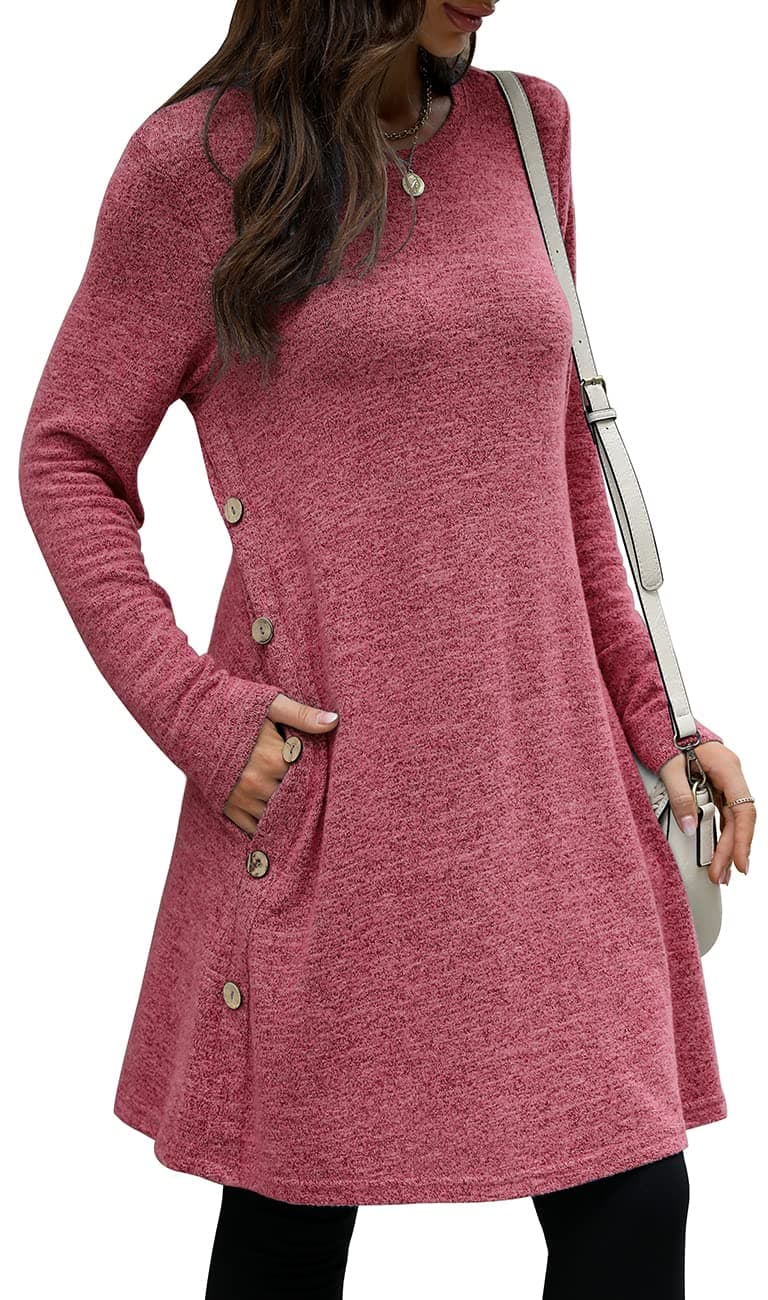 Beimuc Women's Long Sleeve Winter Dresses with Pockets Side Button Casual Sweaters