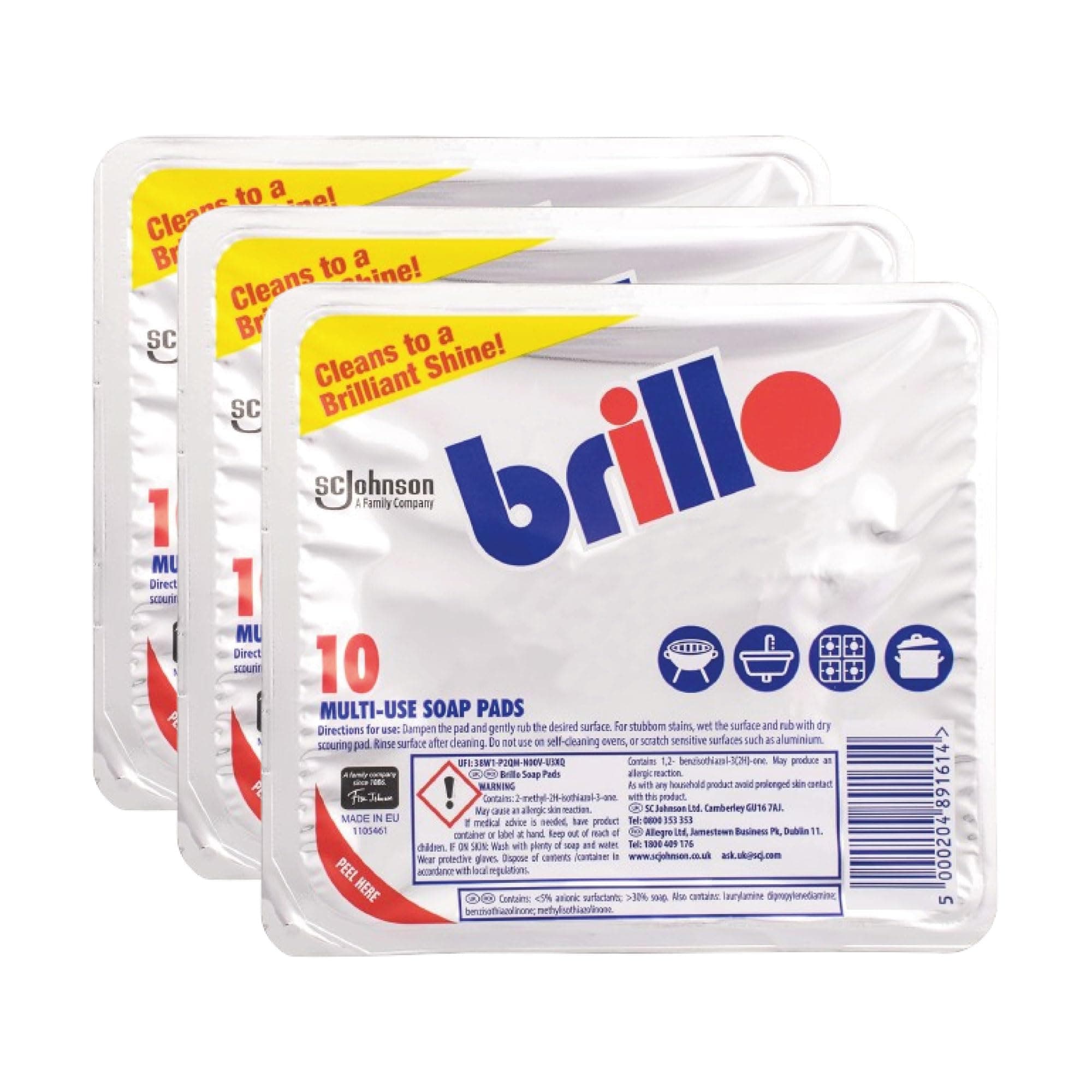 Brilllo Multi-Use Soap Pads 10pcs (Pack of 3) | Heavy-Duty Scrubbing | Pre-Loaded with Soap | Ideal for Tough Grease and Grime | Multi-Surface Cleaning | Rust & Stain Removal for Kitchens & Outdoors