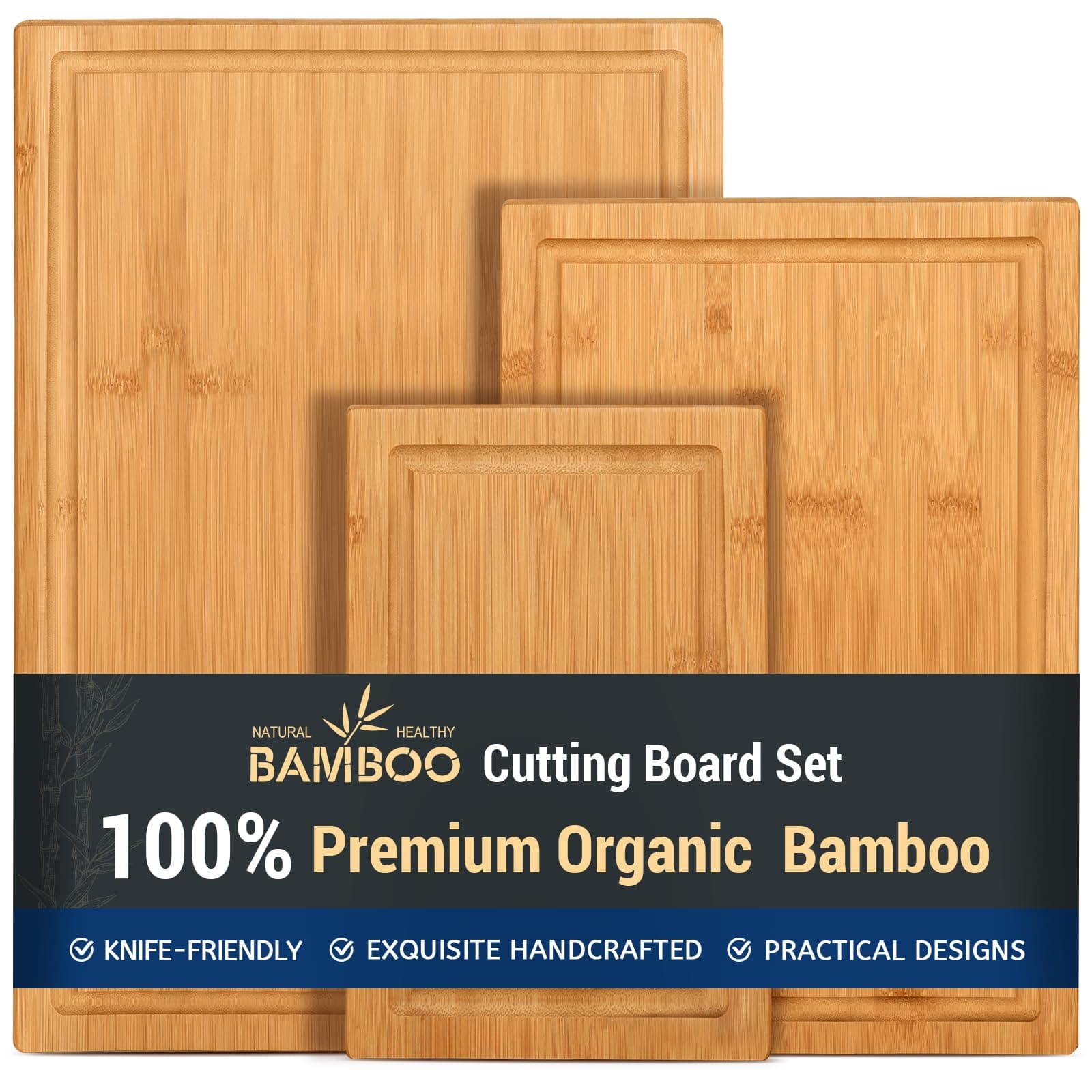 Hiware 3-piece Bamboo Cutting Boards for Kitchen, Heavy Duty Bamboo Cutting Board with Juice Groove, Wood Cutting Board Set for Meat, Vegetables