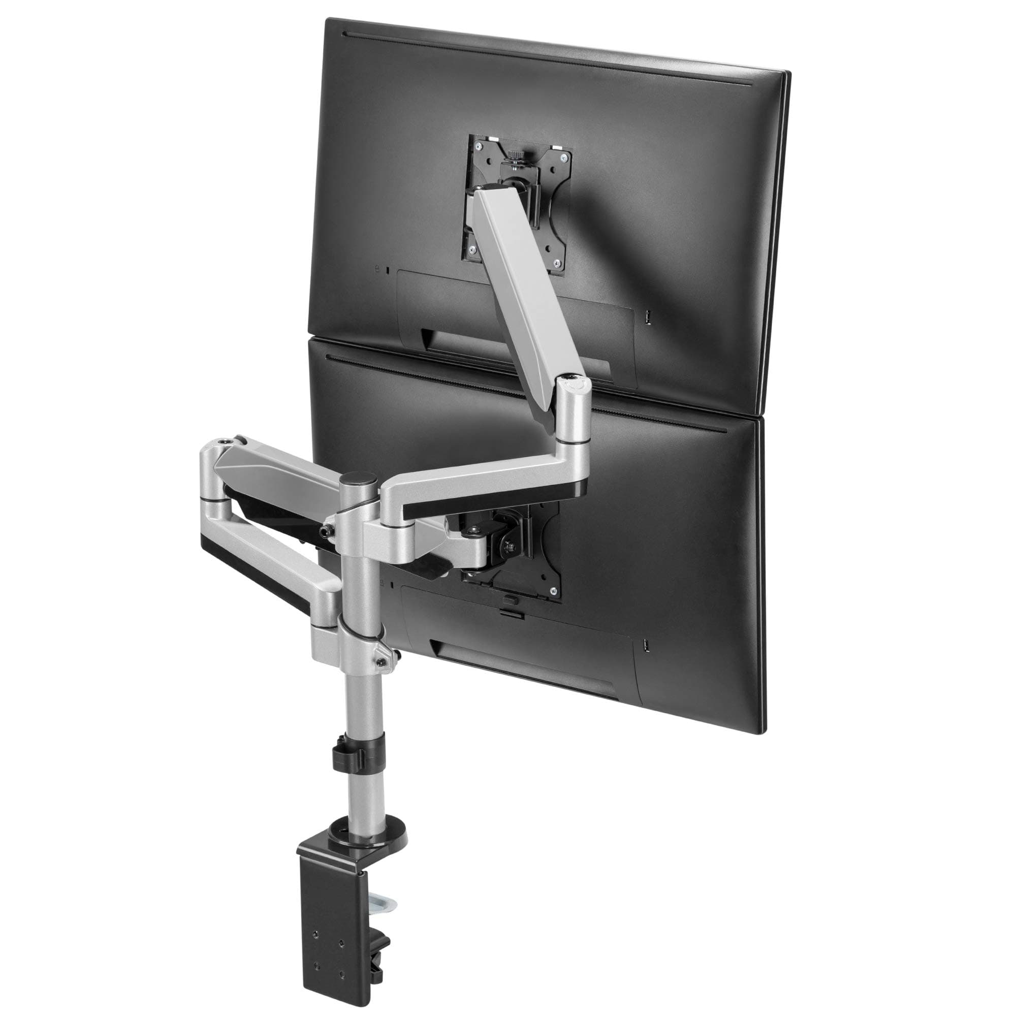 Power Dual Monitor Stacking Vertical Mount with Two Gas Spring Aluminum Arm Computer Stand Riser- Full Motion Adjustable, Heavy Duty Holds 17 to 32 Inch Screens, Up to 17.6 lbs Each, VESA 75/100
