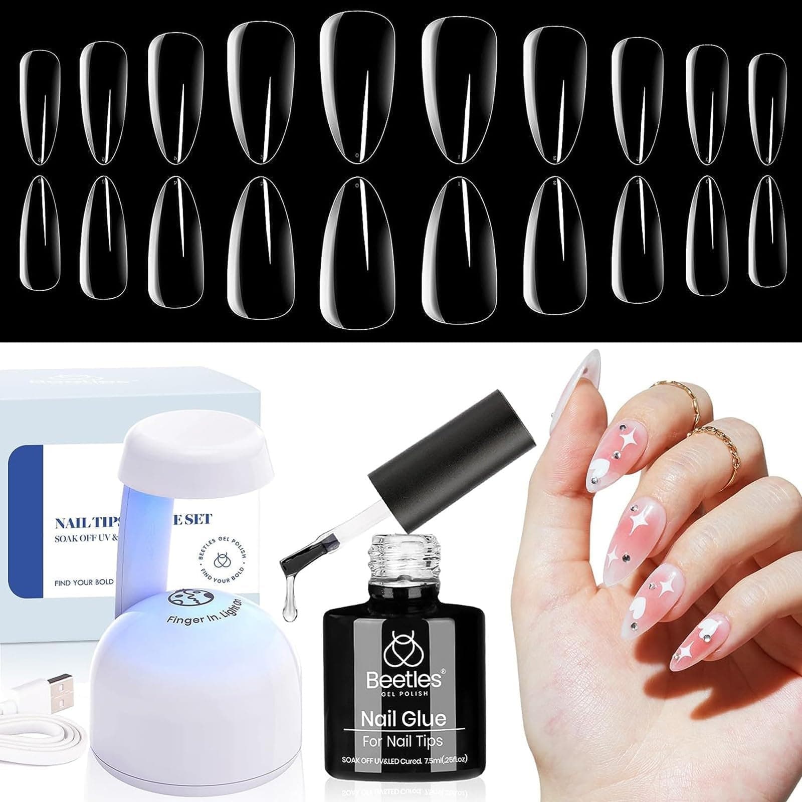 Beetles Easy Nail Extension Kit 500Pcs Pre shaped Medium Almond Soft Nail Tips with 5 in 1 Mutipurpose Glue Gel Base Uv Lamp for Manicure Art Diy Home Set Gift
